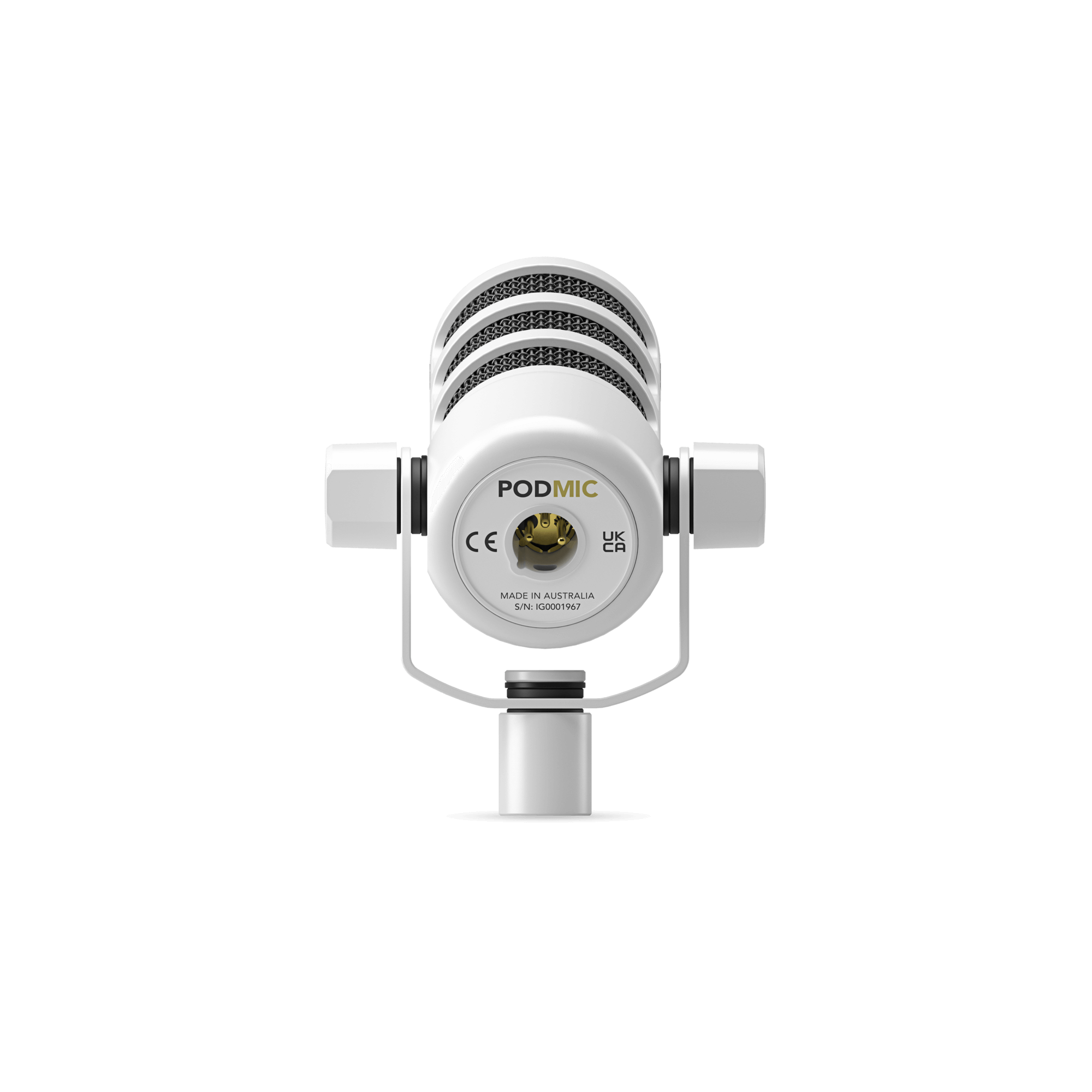 RODE PodMic White rear view showing XLR output connector and integrated swivel mount