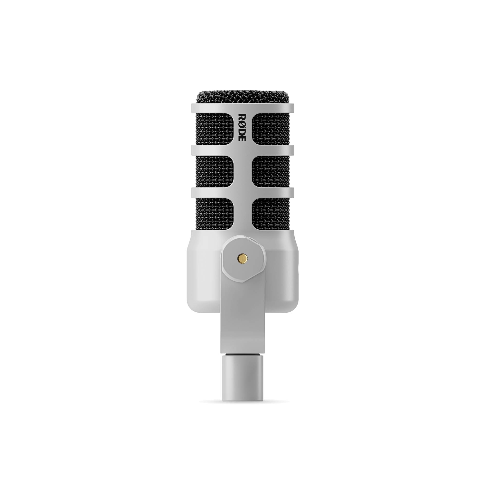 Right side of RODE PodMic White dynamic microphone with integrated swivel mount arm