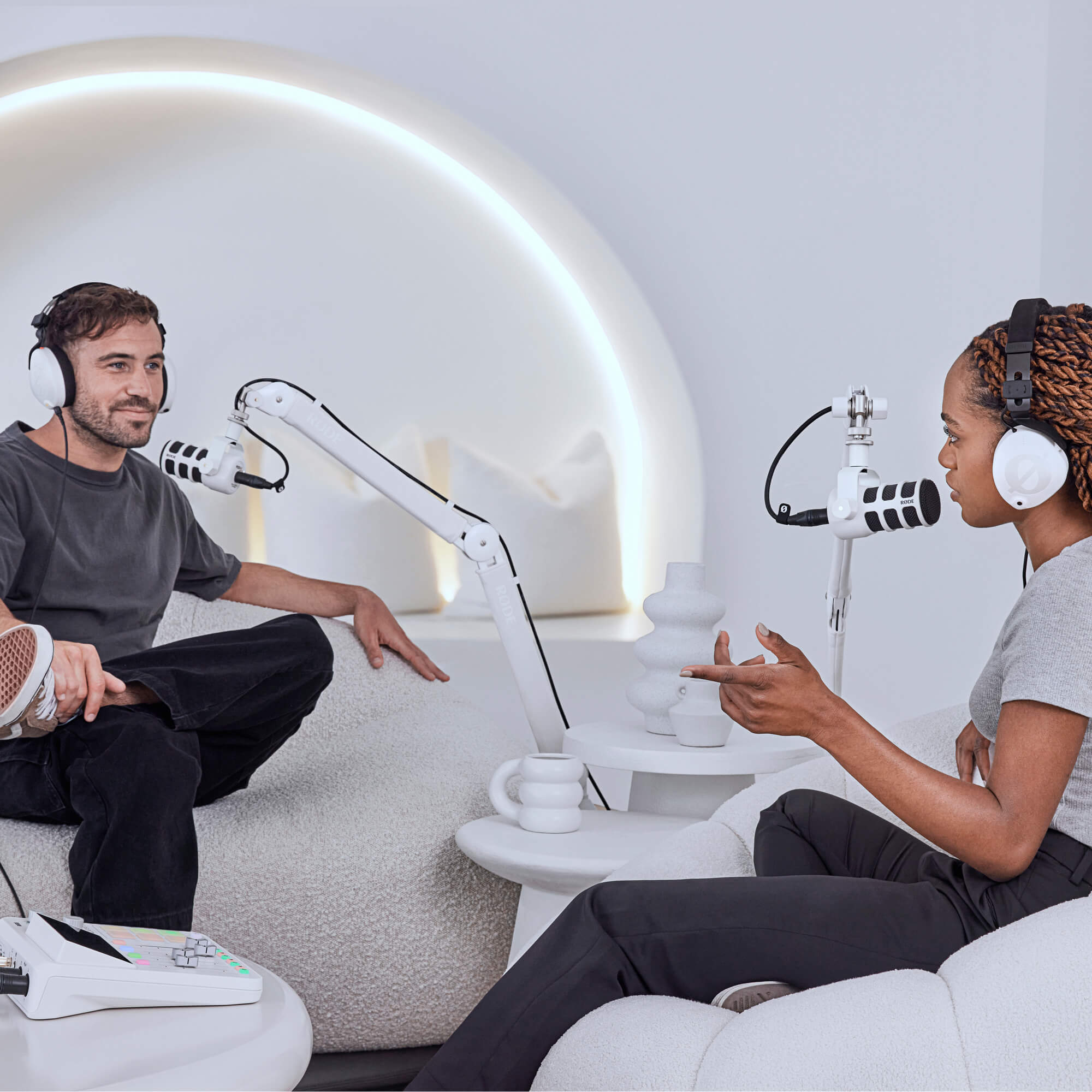 RODE Professional Studio Boom Arm White in a clean white home studio streaming setup