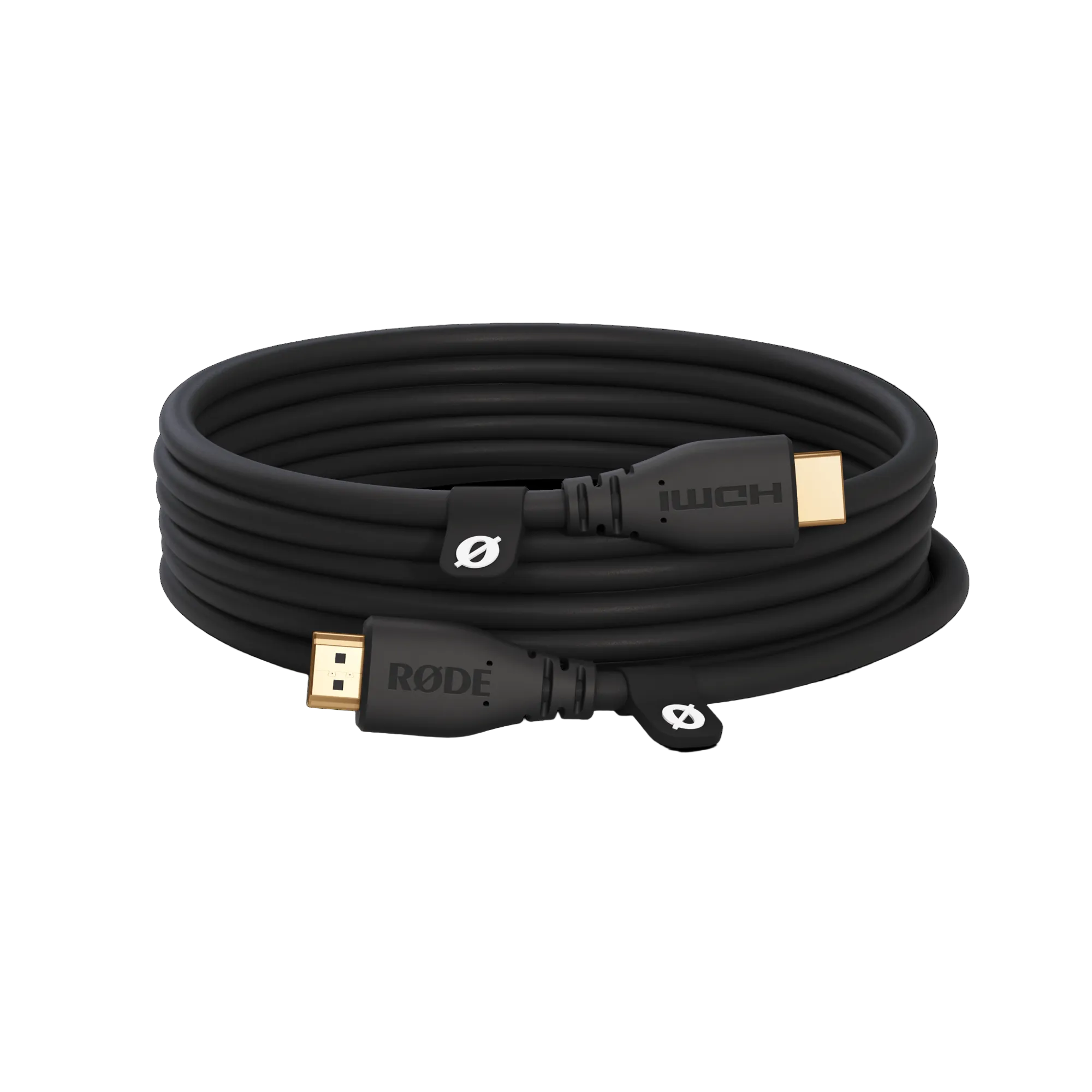 Rode 3 meter HDMI 2.0 premium black cable 6mm diameter front view and cable connected to camera and monitor setup.