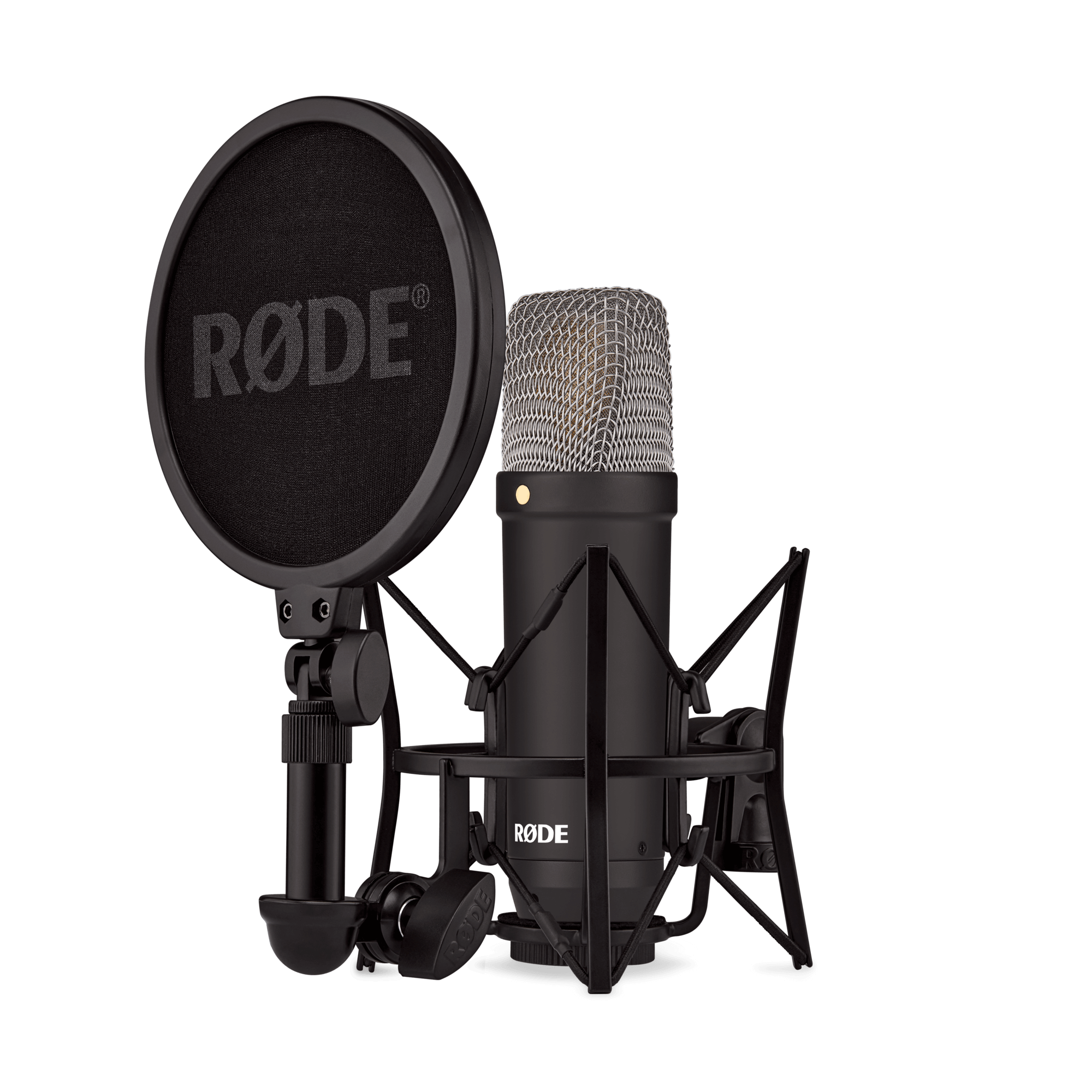 RODE NT1 Signature Black on boom arm in treated room for premium podcast or live stream audio