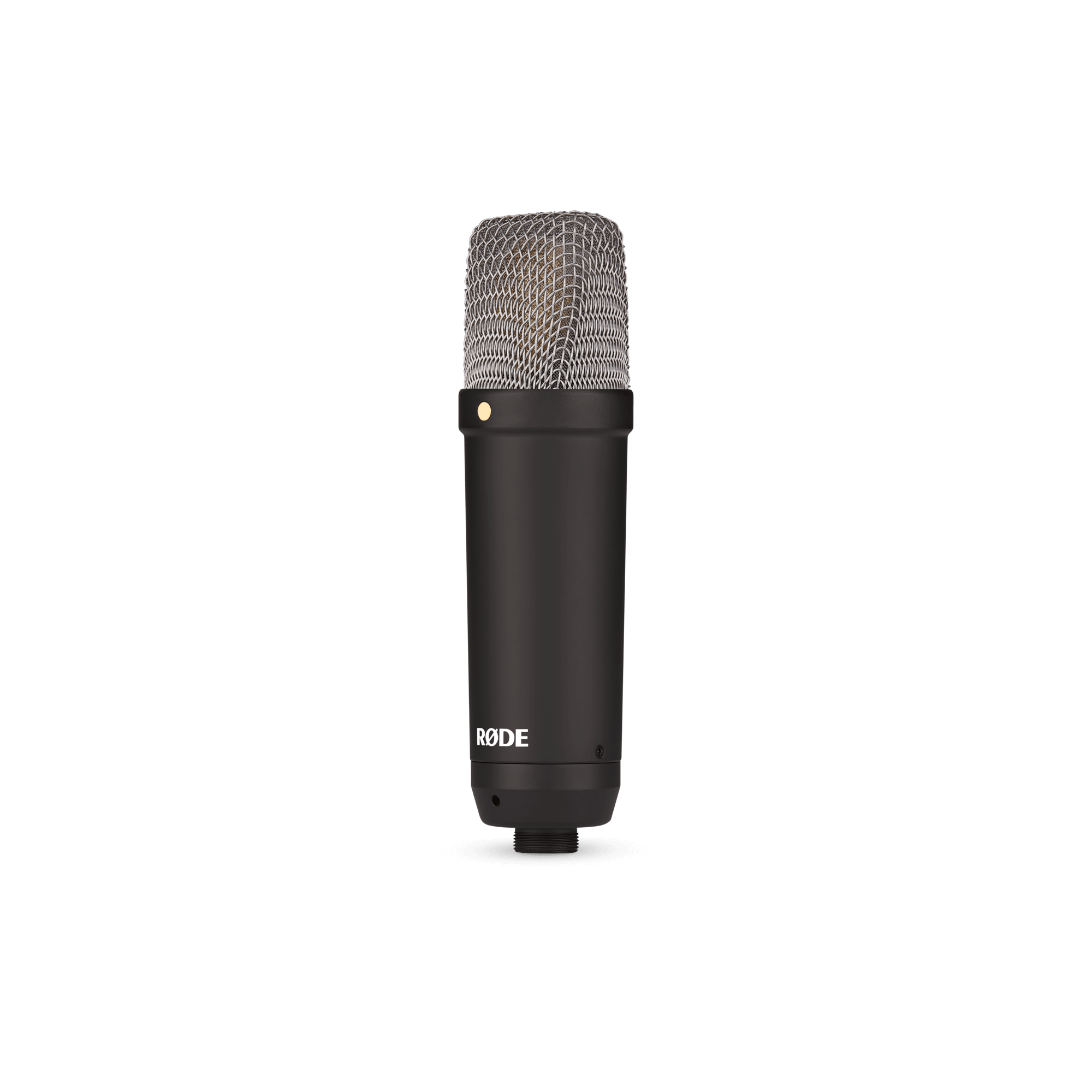 RODE NT1 Signature Black studio condenser mic side profile with sleek black body and shock mount