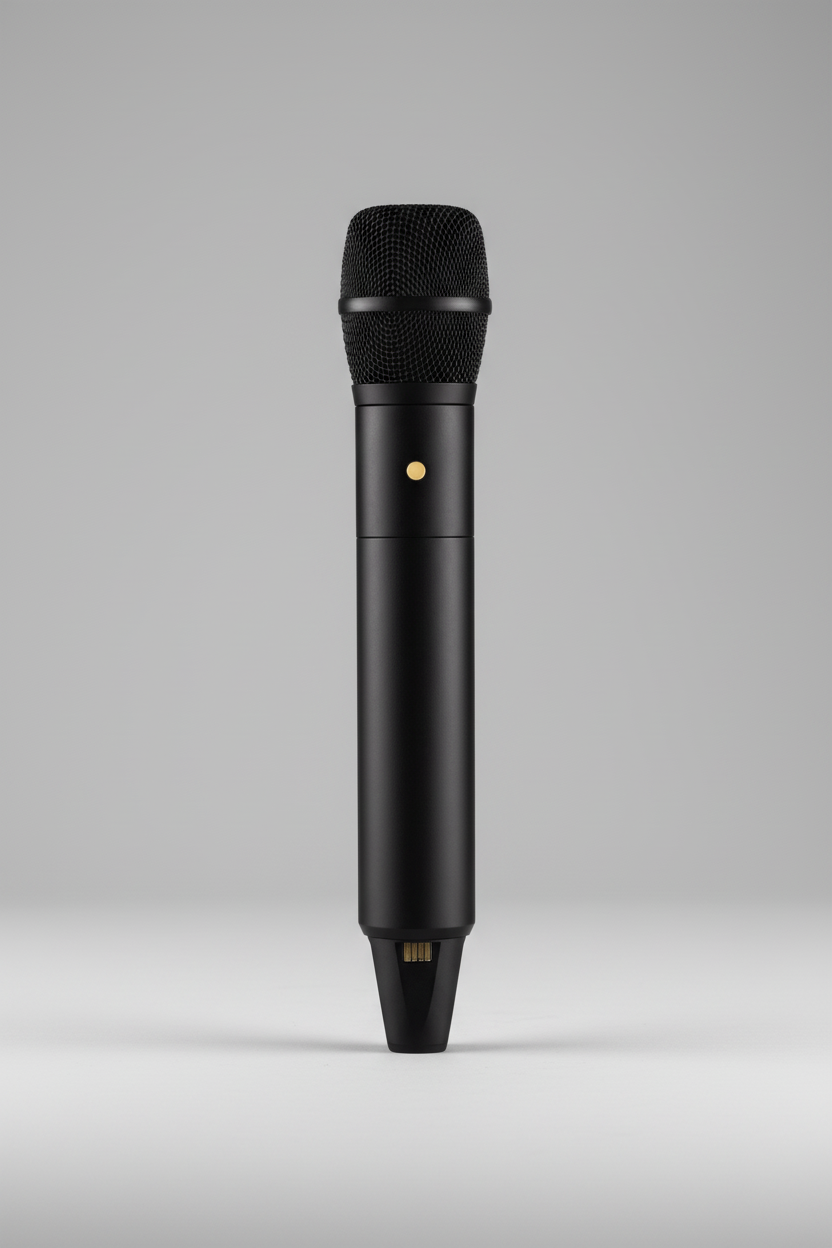 RODE Wireless Handheld Condenser Mic Pro front view with cardioid capsule and transmitter body