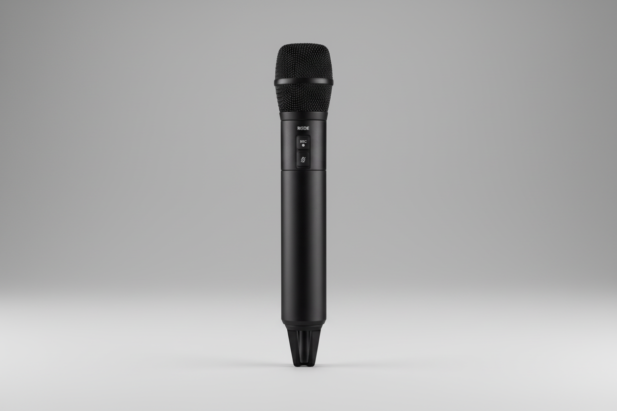 Close-up of RODE Wireless Handheld Pro cardioid condenser capsule mesh head for vocal clarity