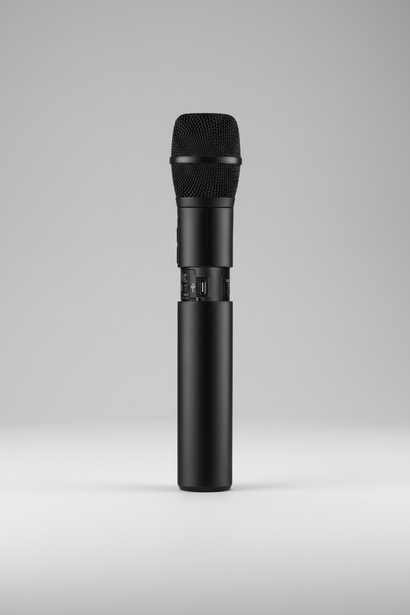 RODE Wireless Handheld Pro rear panel showing USB-C charging port and gain control buttons