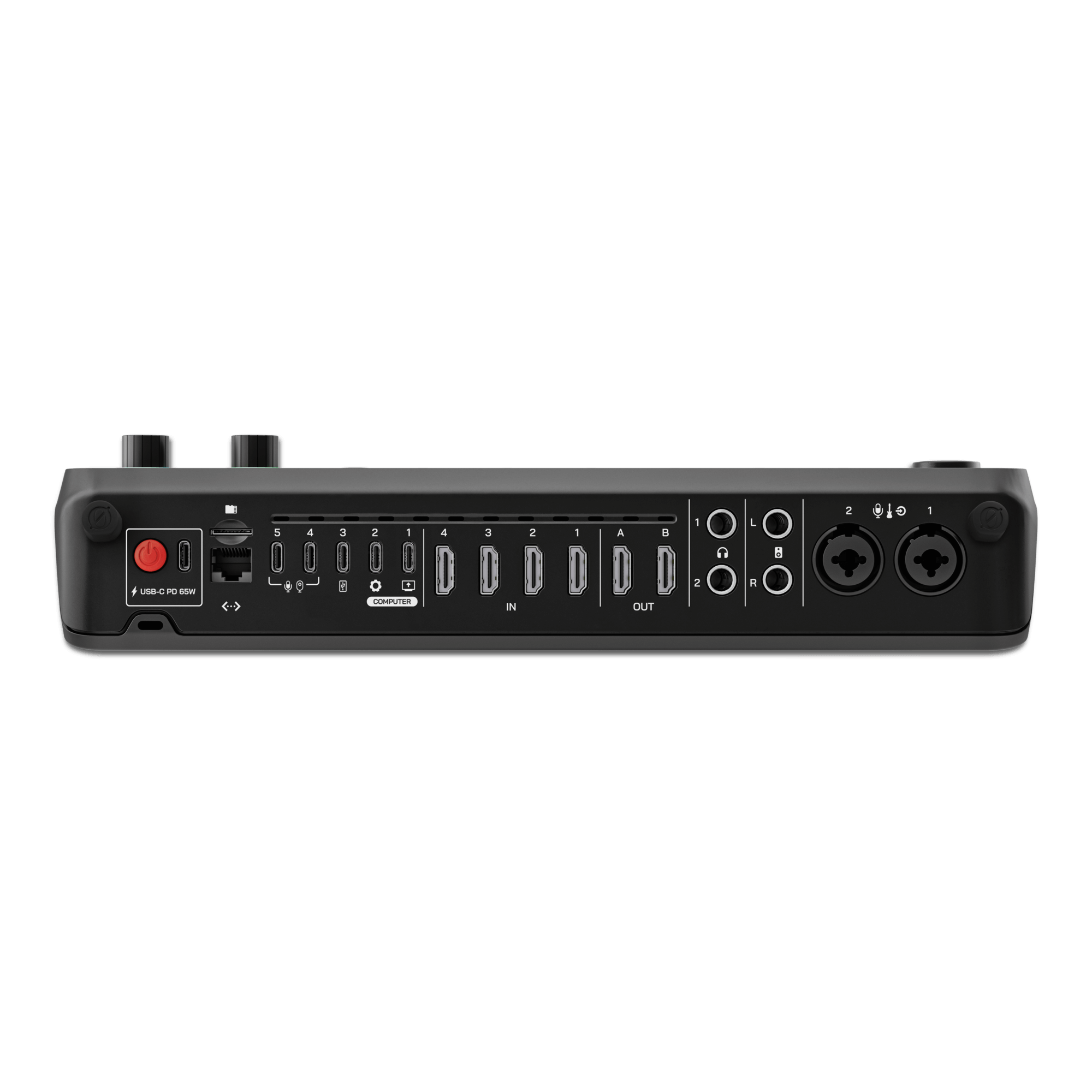 RODE RODECaster Video rear panel showing HDMI, USB-C, XLR and multi-port connectivity