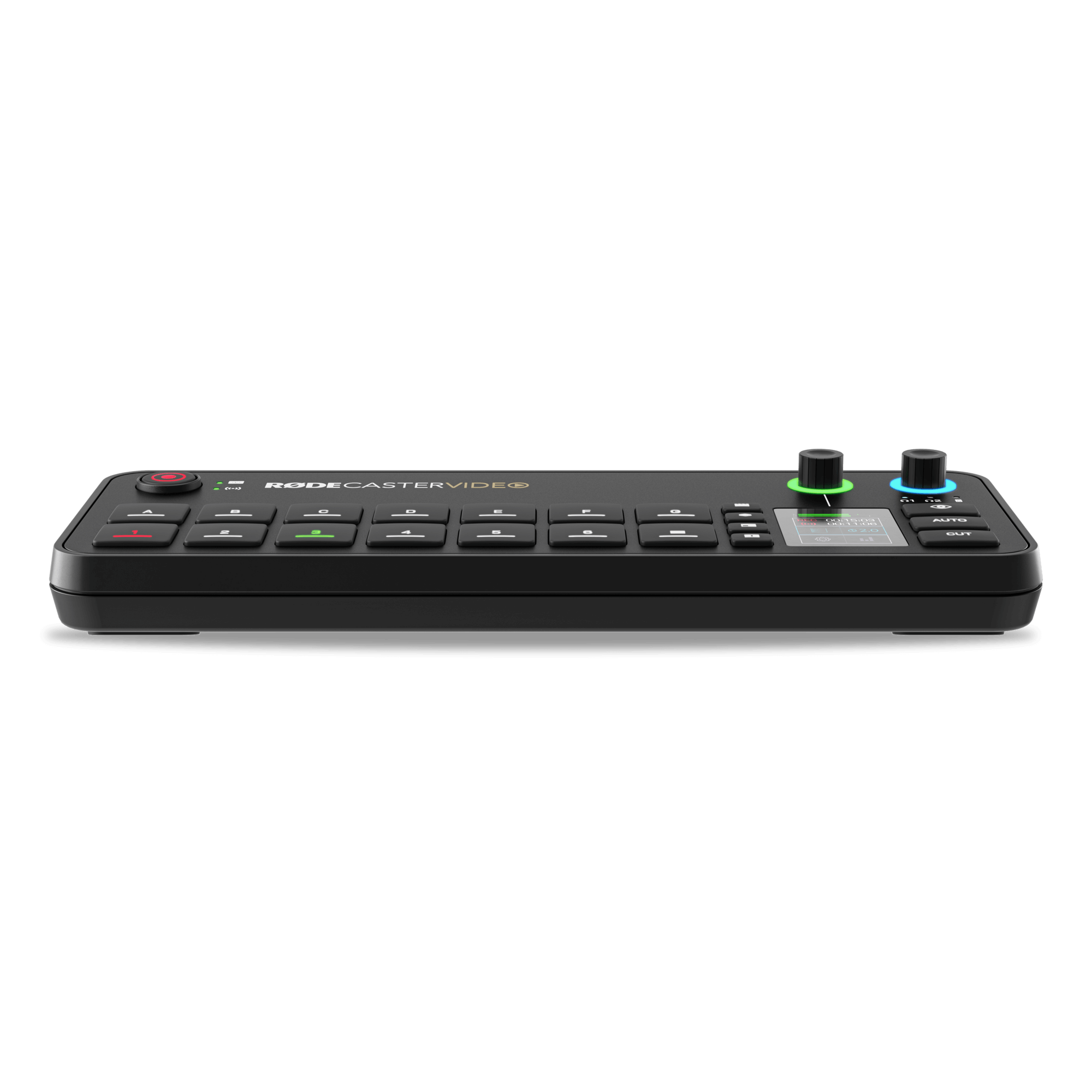 Top-down view of RODE RODECaster Video showing touchscreen, faders and control layout