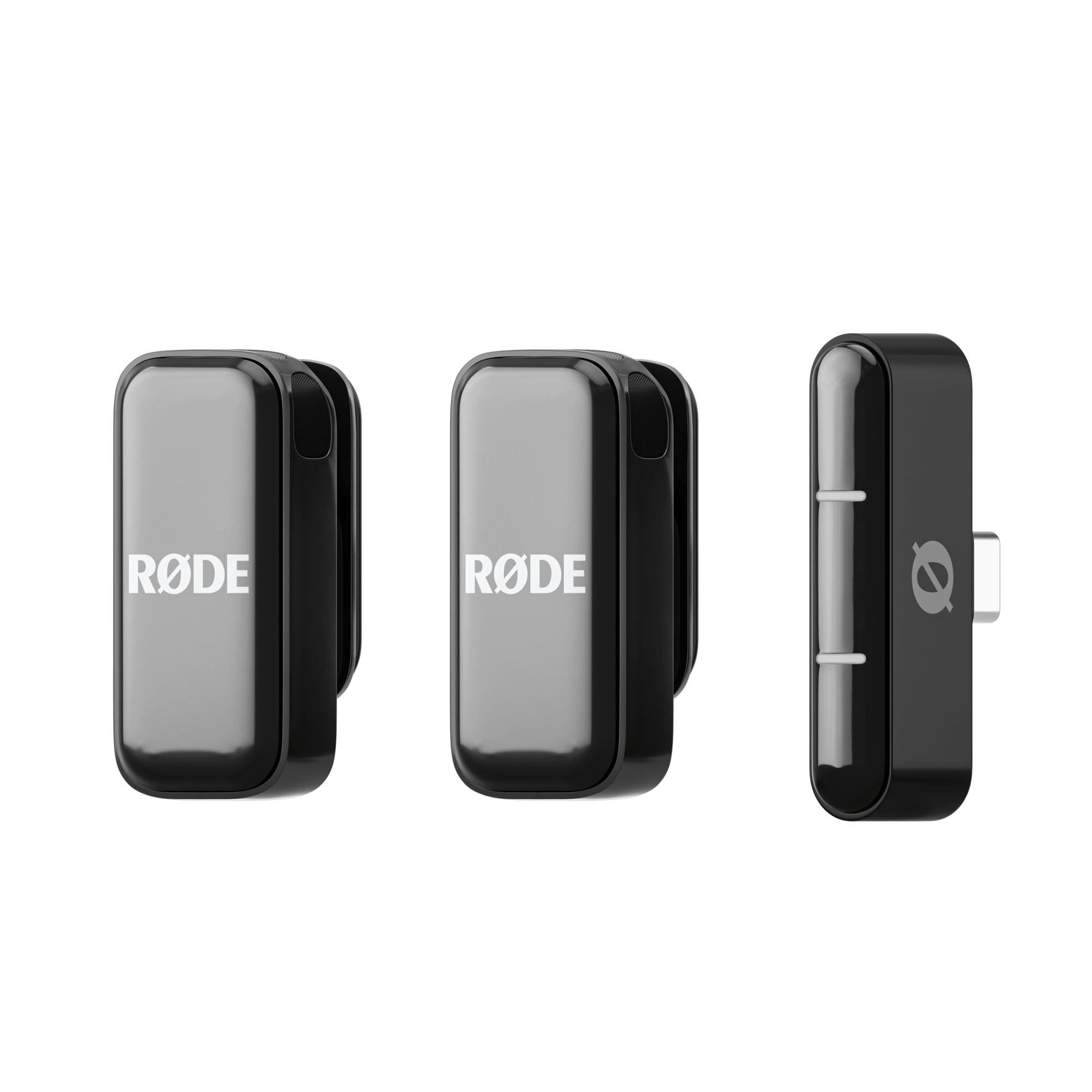 Rode ultra compact wireless microphone USB C black transmitter and receiver front view