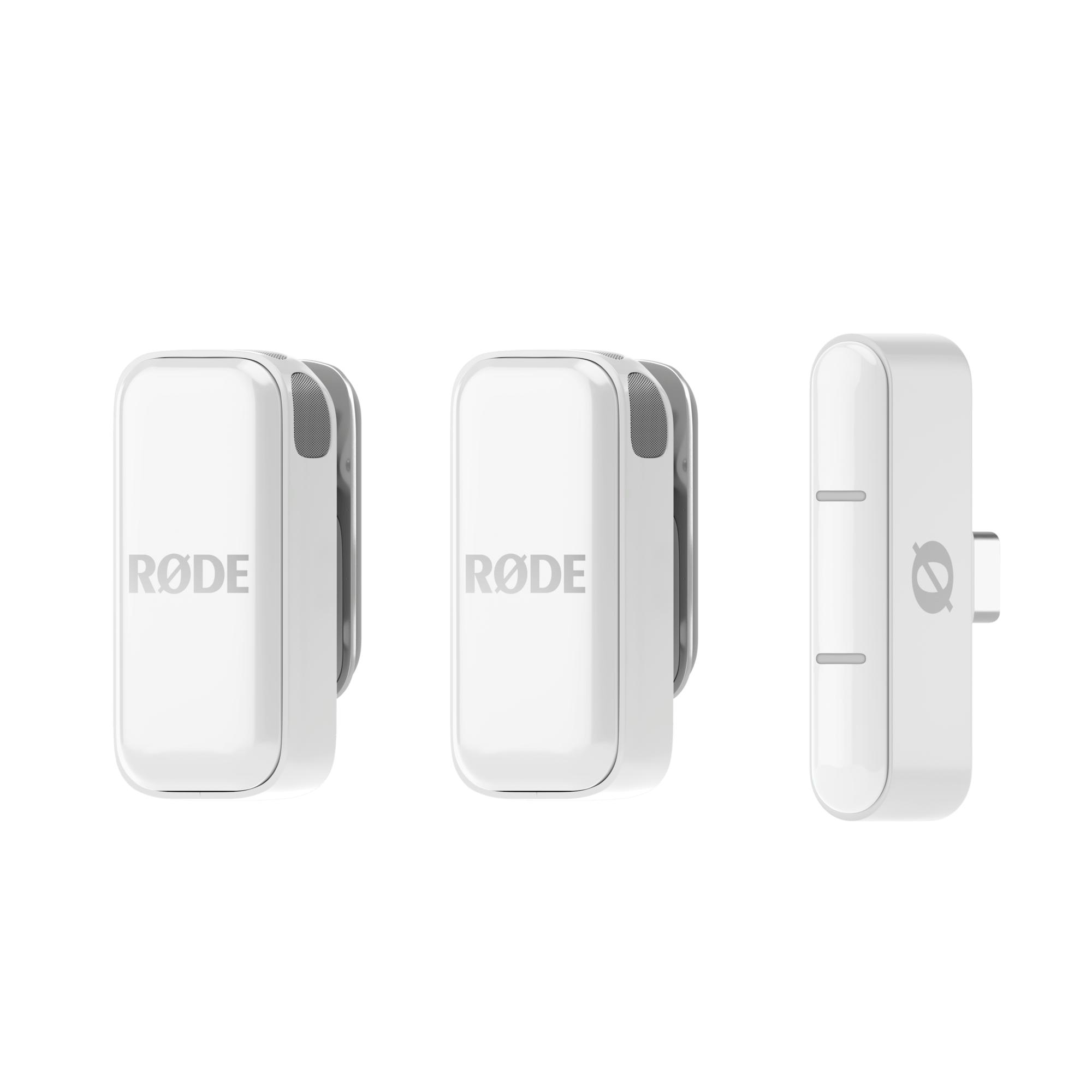 RODE ultra-compact wireless USB-C microphone White – front view of transmitter and receiver