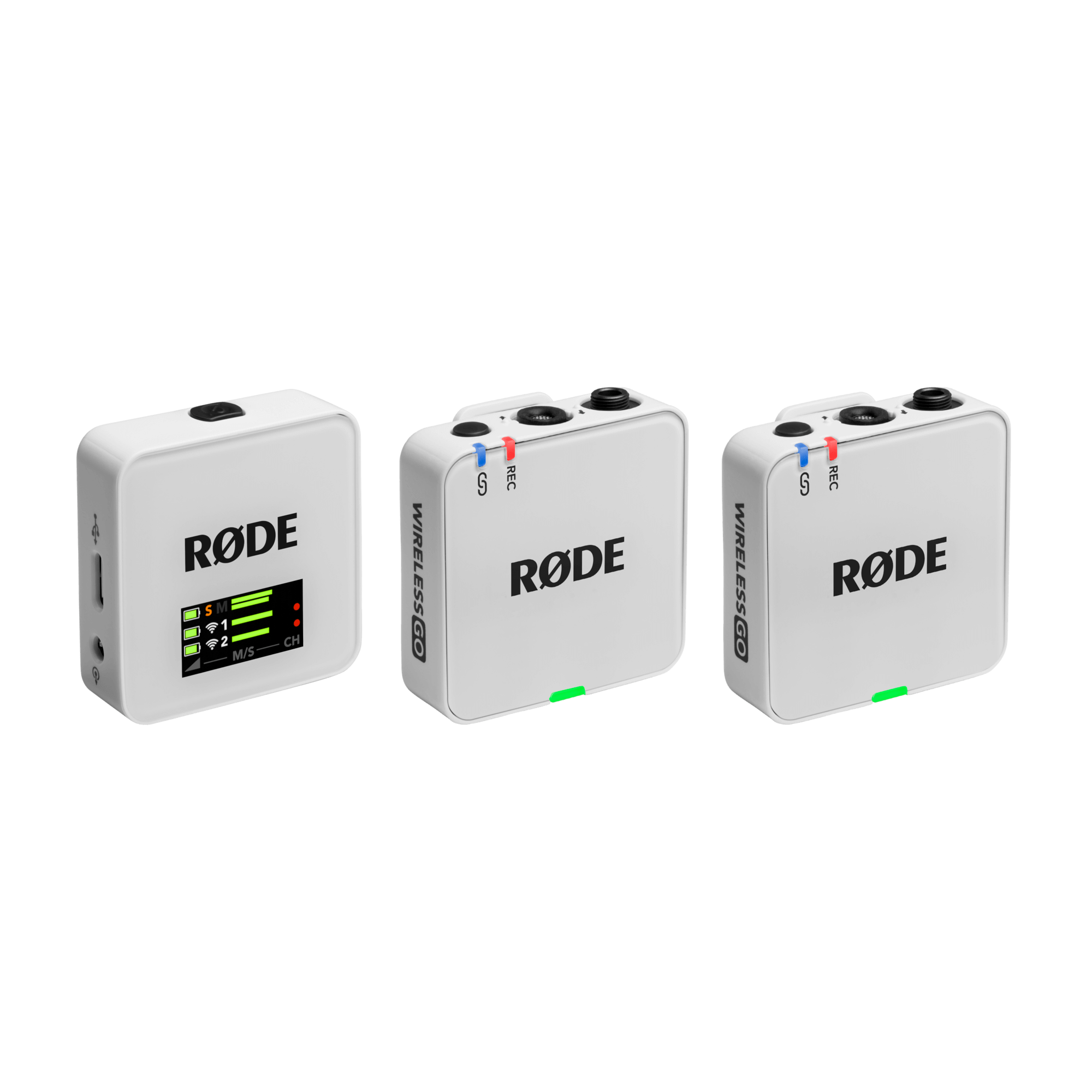Rode Wireless Go III white compact wireless microphone system front view and wireless microphone system in use during content creation