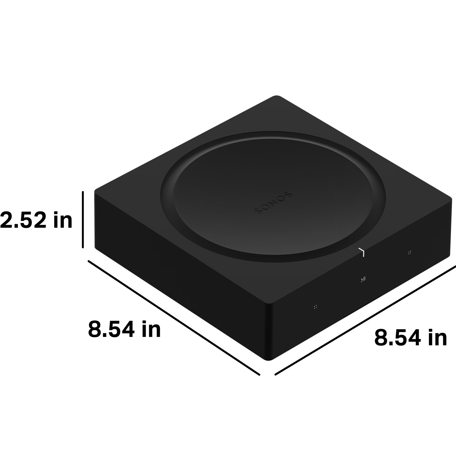 Sonos AMP side profile showing slim stackable aluminium build with ventilation fin detail