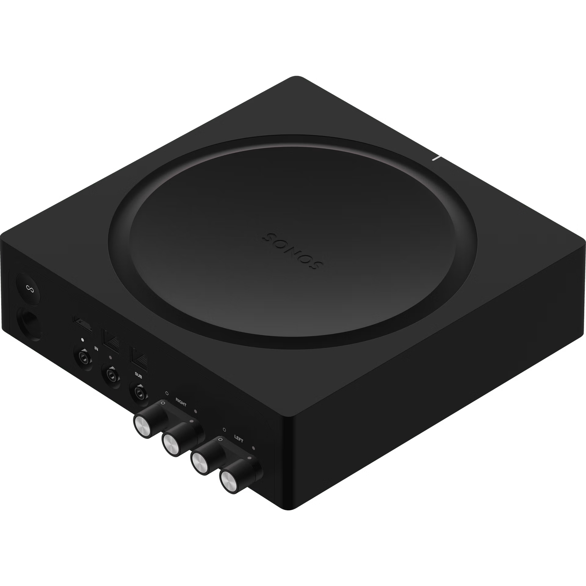 Sonos AMP top-down view revealing clean flat surface and Sonos branding on matte black finish