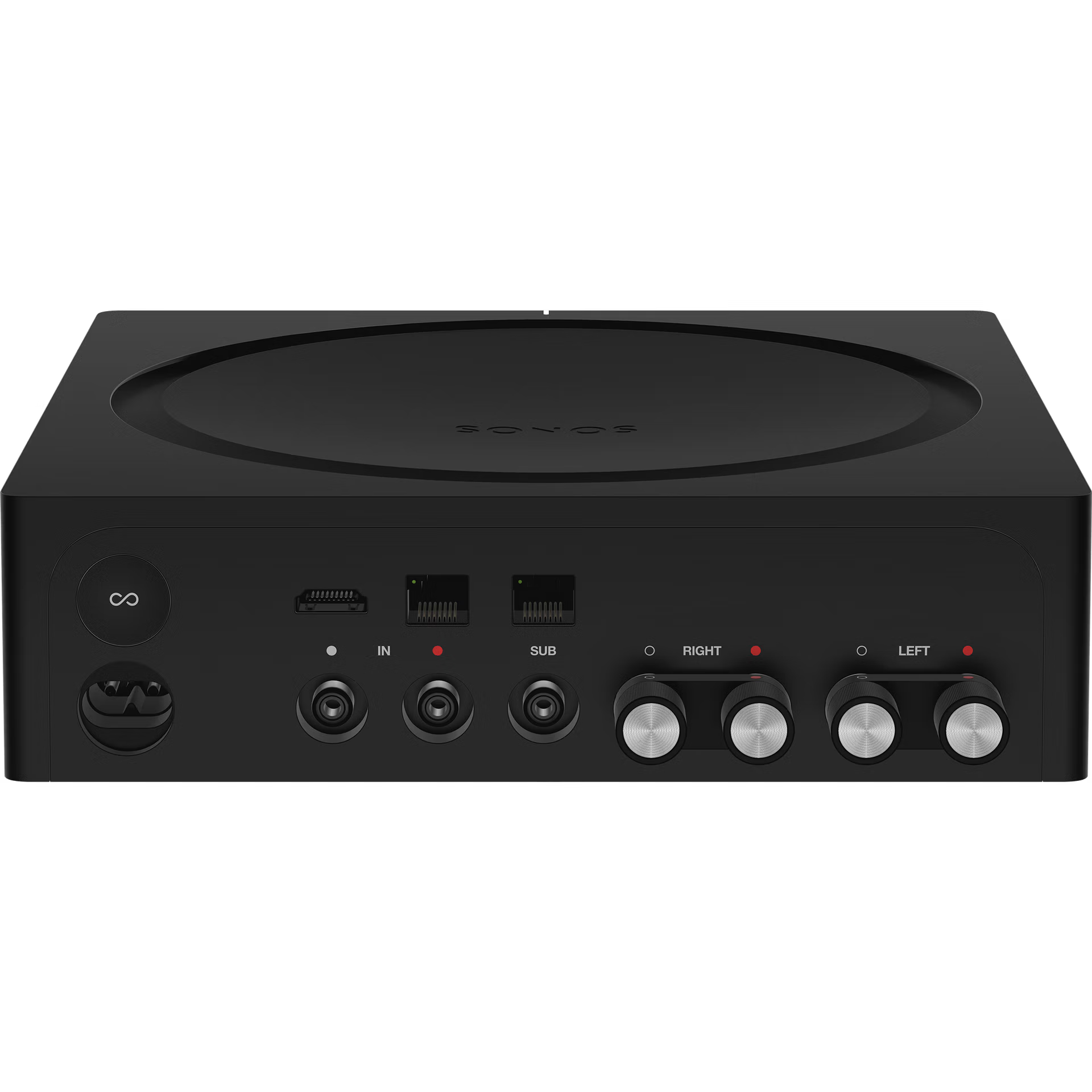Sonos AMP rear panel with speaker terminals, HDMI ARC, ethernet and RCA inputs on black chassis