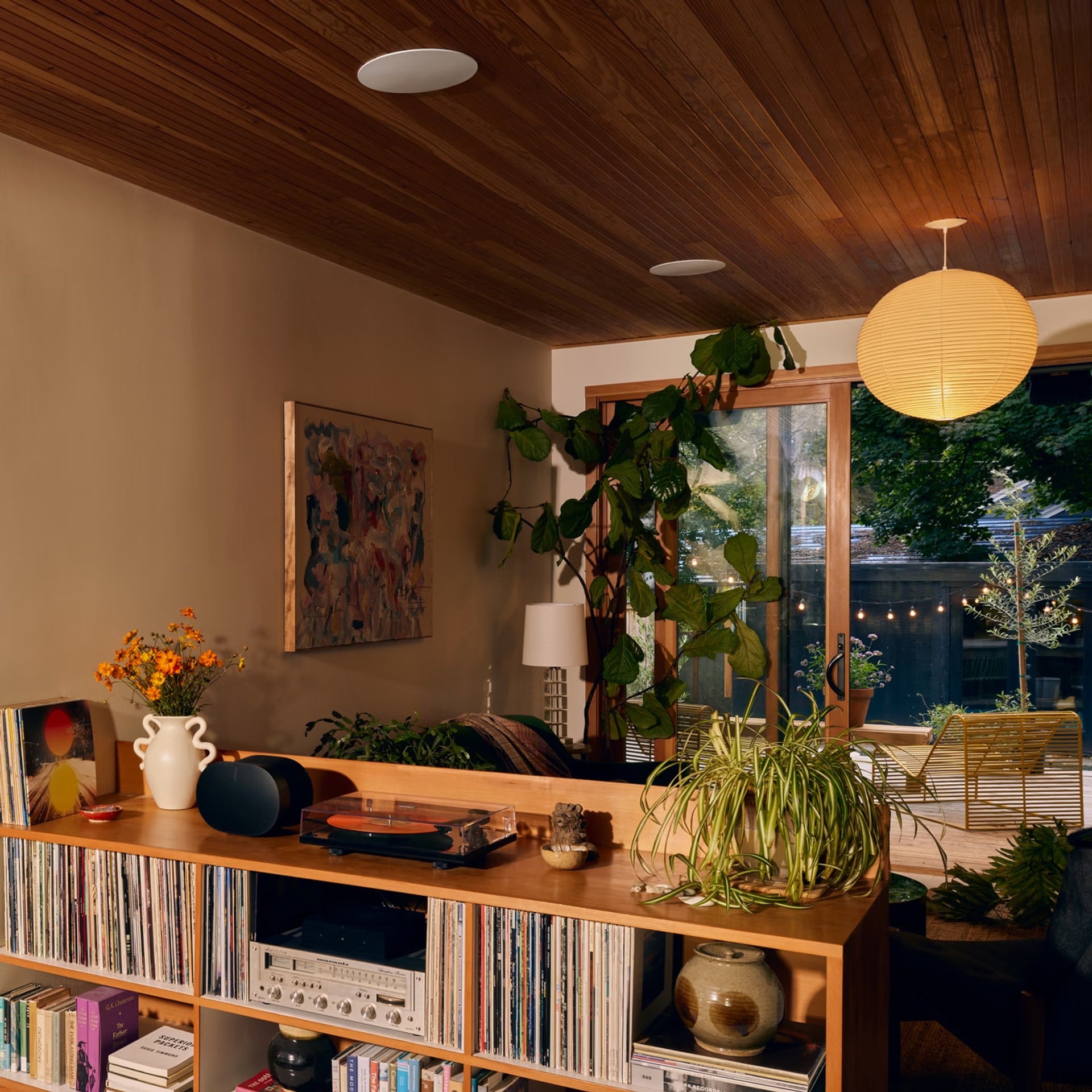 Sonos In-Ceiling by Sonance pair in modern living room ceiling — seamless HiFi custom in-ceiling audio