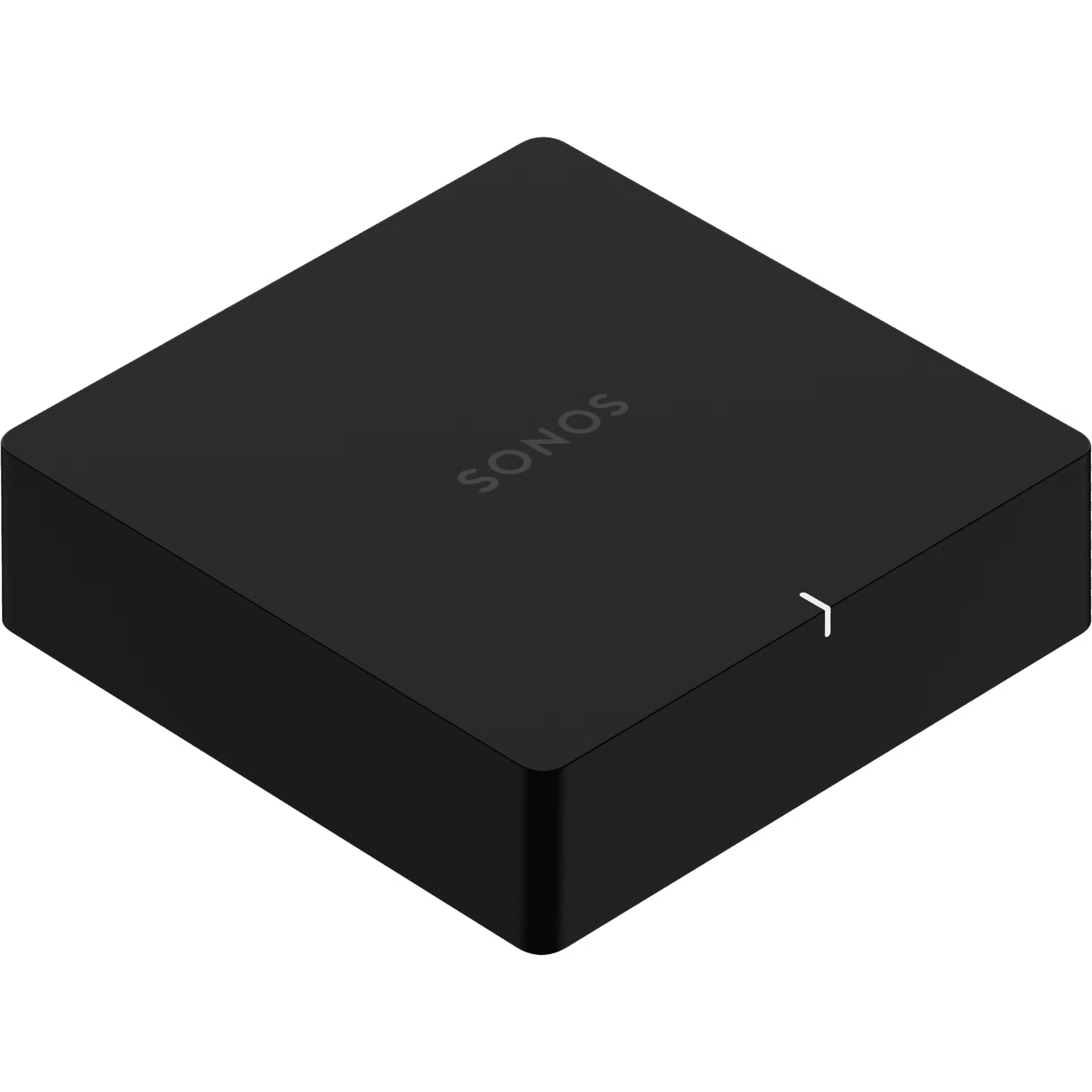 Sonos Port black glowing softly in dimly lit listening room connected to audiophile hi-fi setup