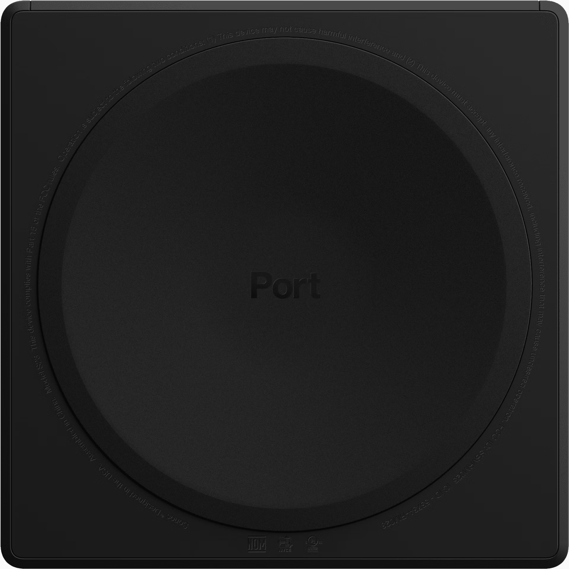 Sonos Port black top-down view with clean matte surface and discreet Sonos branding detail