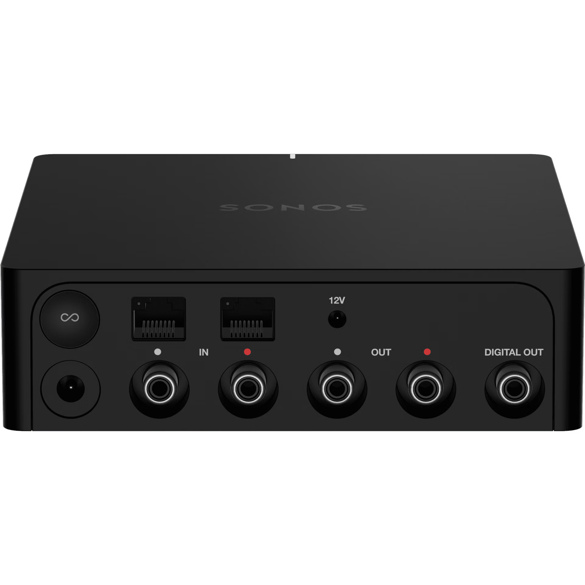 Sonos Port black rear panel with RCA outputs, coaxial digital, ethernet and IR ports