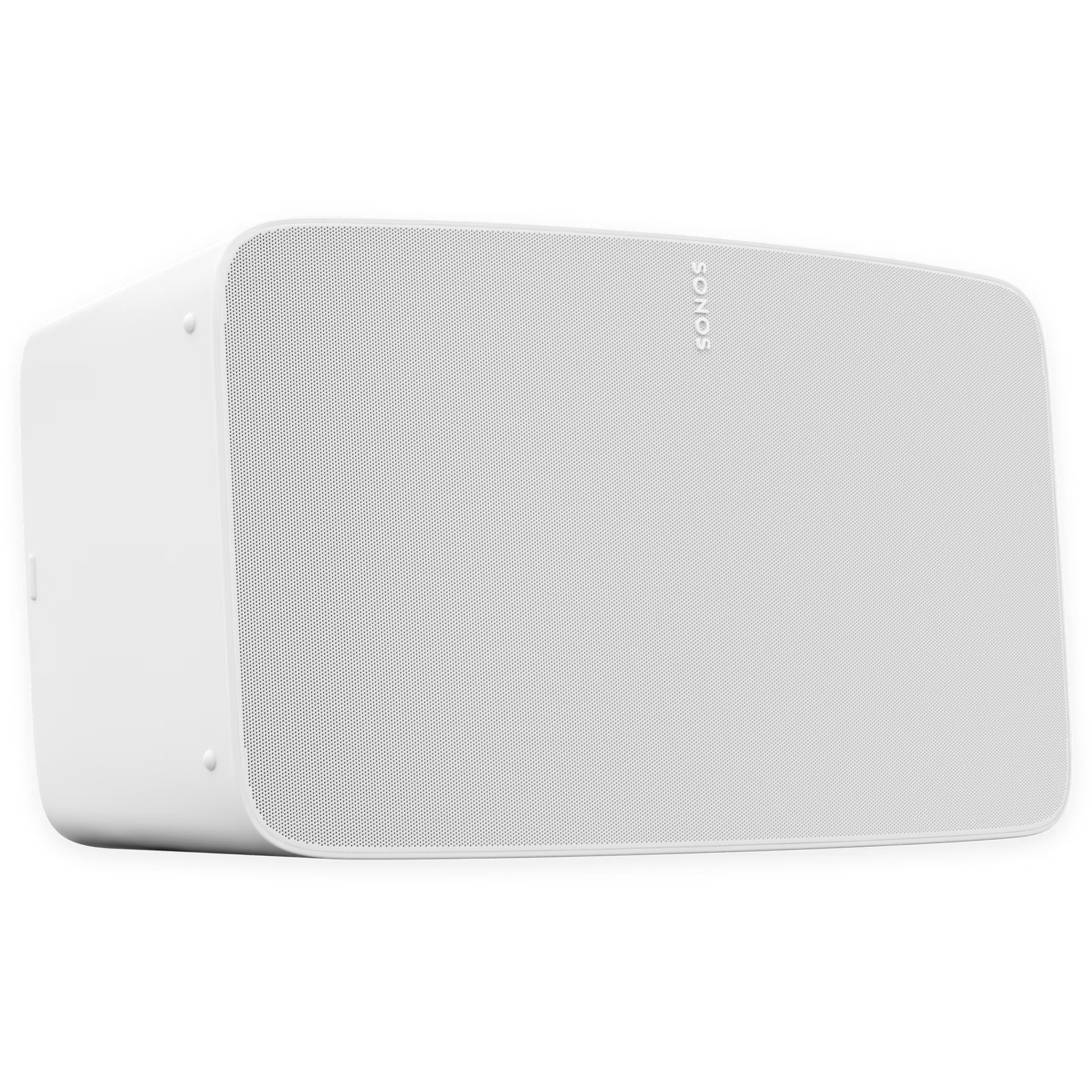 Sonos Five white angled view — elegant powerful loudspeaker with clean white cabinet and passive radiators