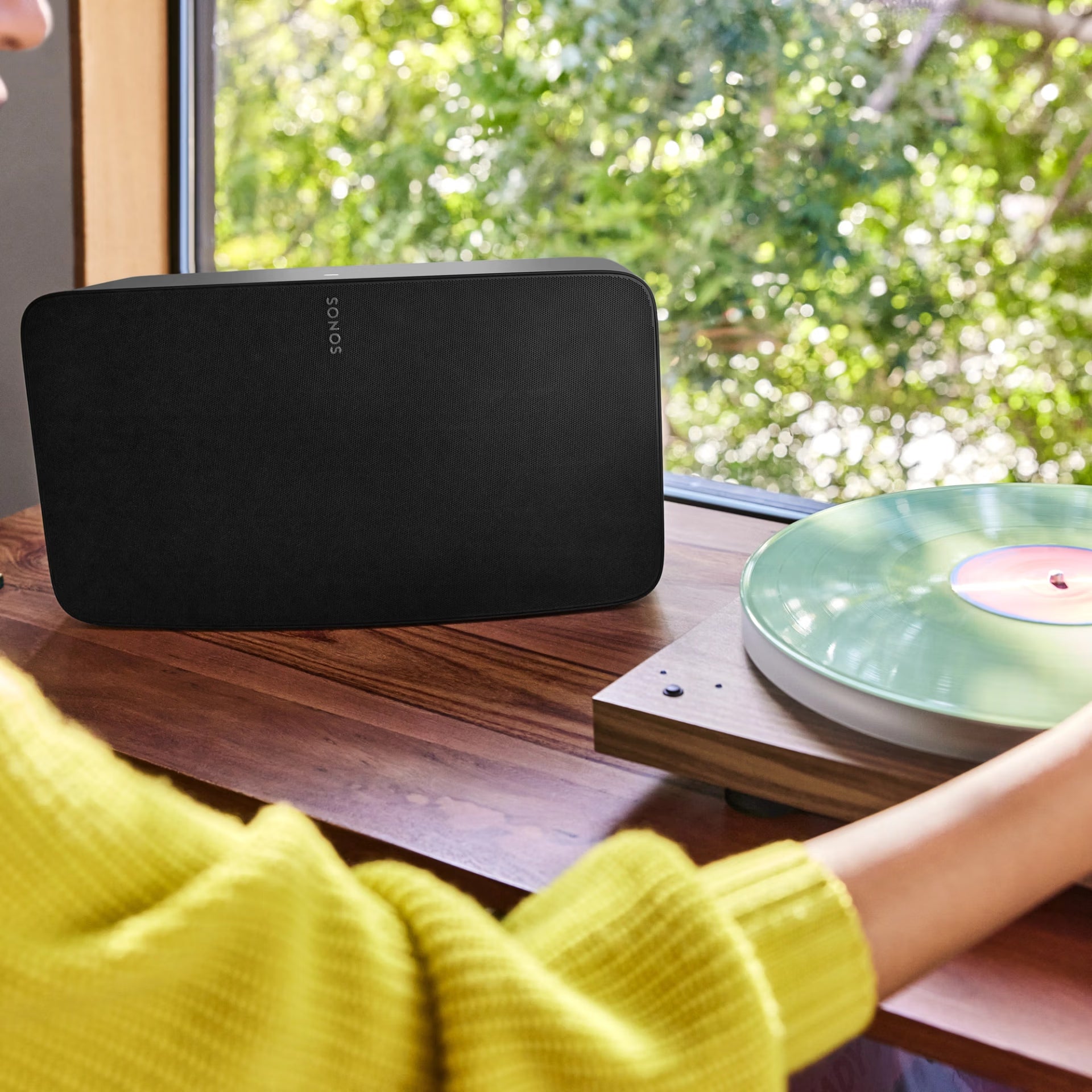 Sonos Five black on living room shelf — powerful HiFi smart loudspeaker for room-filling wireless audio