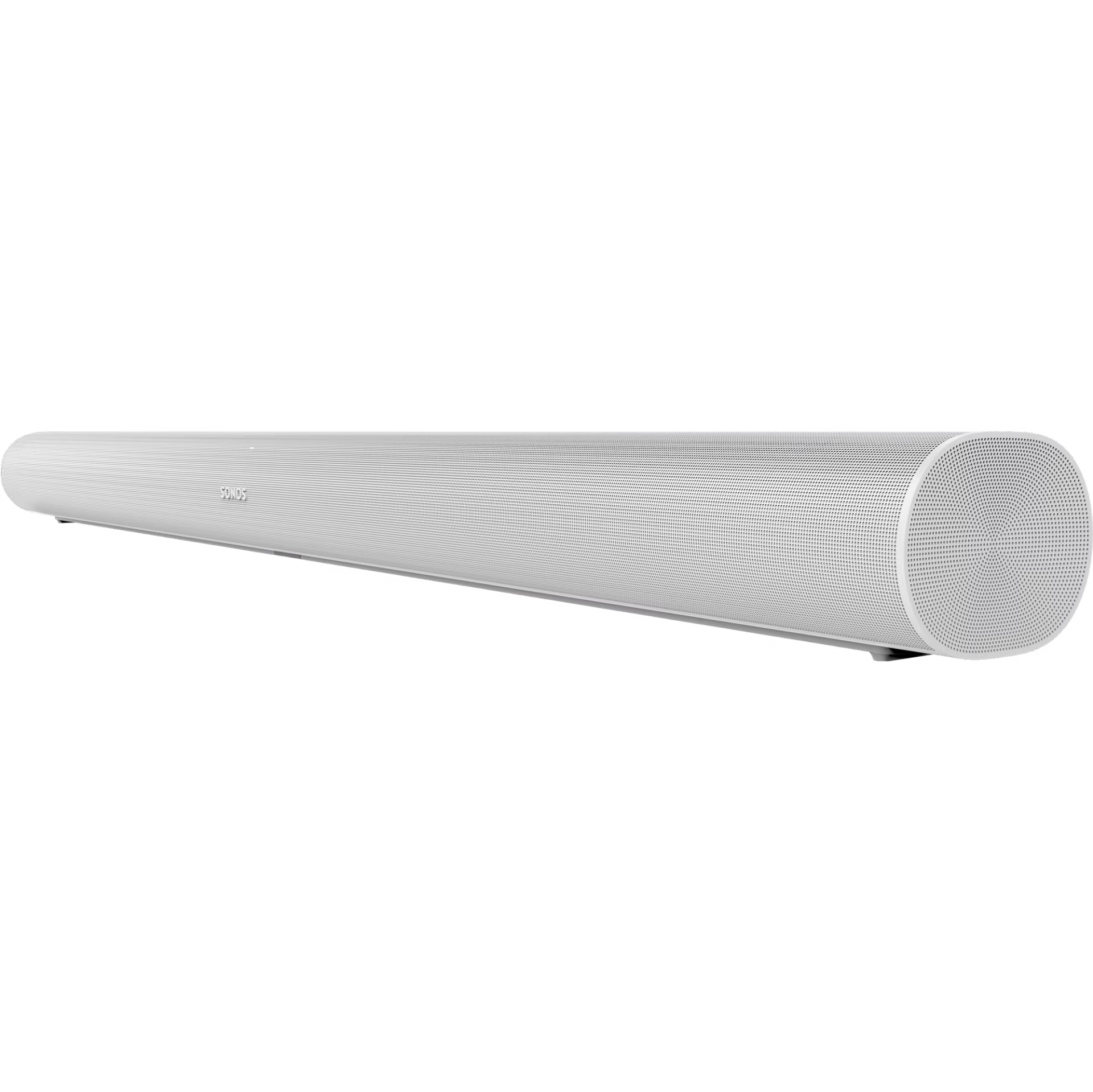 Sonos Arc white angled view — sweeping curved smart soundbar with gloss white finish and upward drivers