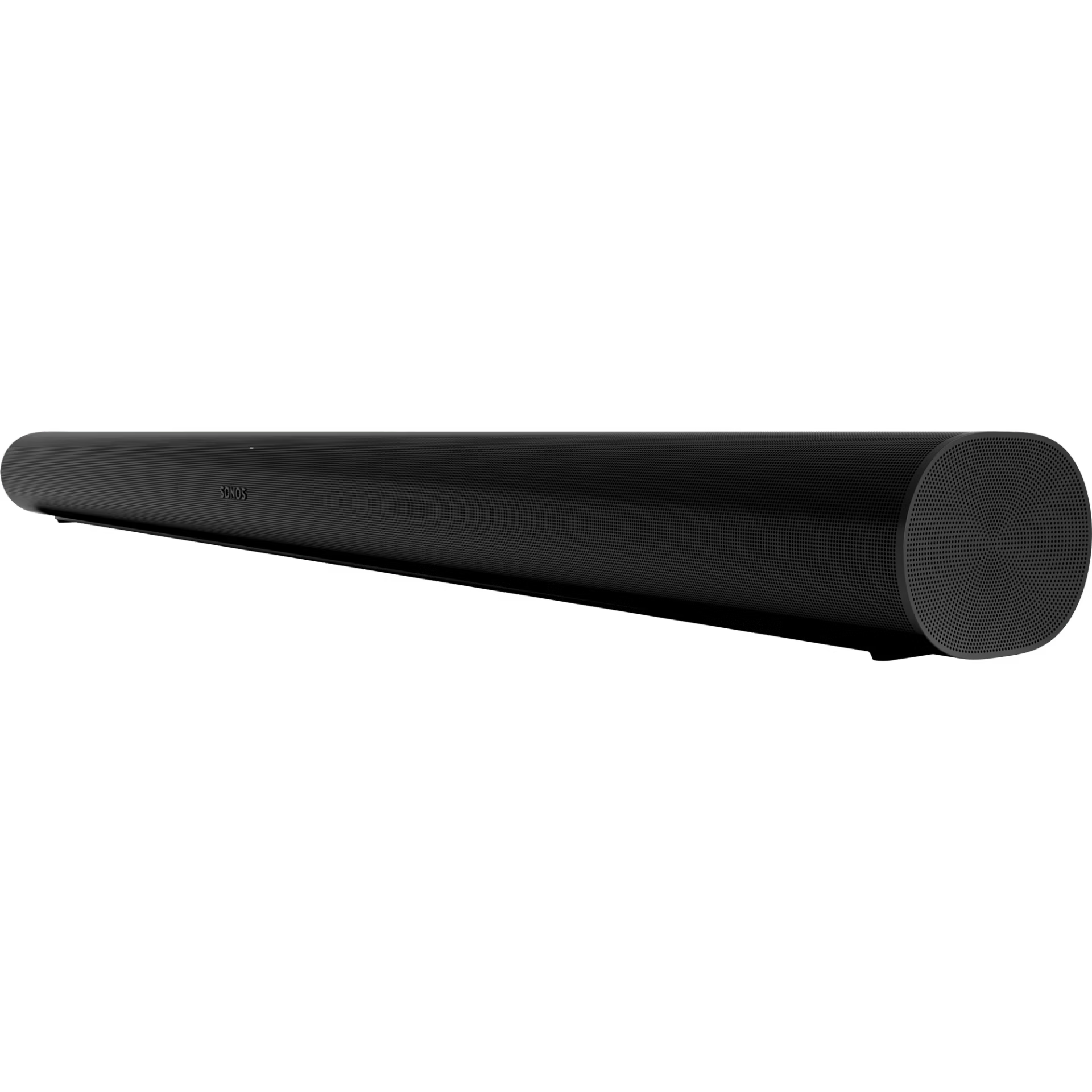 Sonos Arc black angled view — sweeping curved smart soundbar with matte black finish and upward drivers