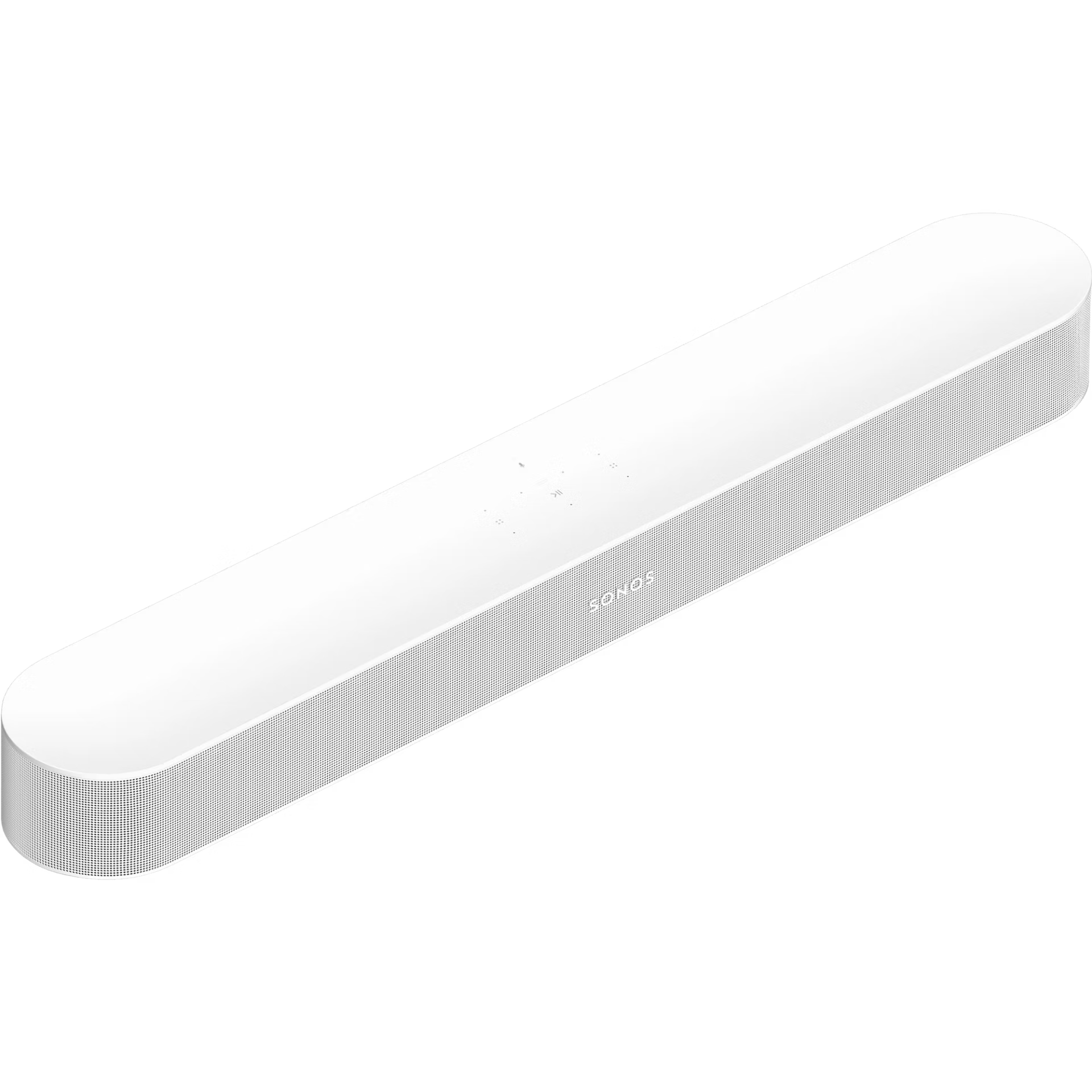 Sonos Beam Gen 2 white side profile — compact curved smart soundbar in clean white finish under any TV