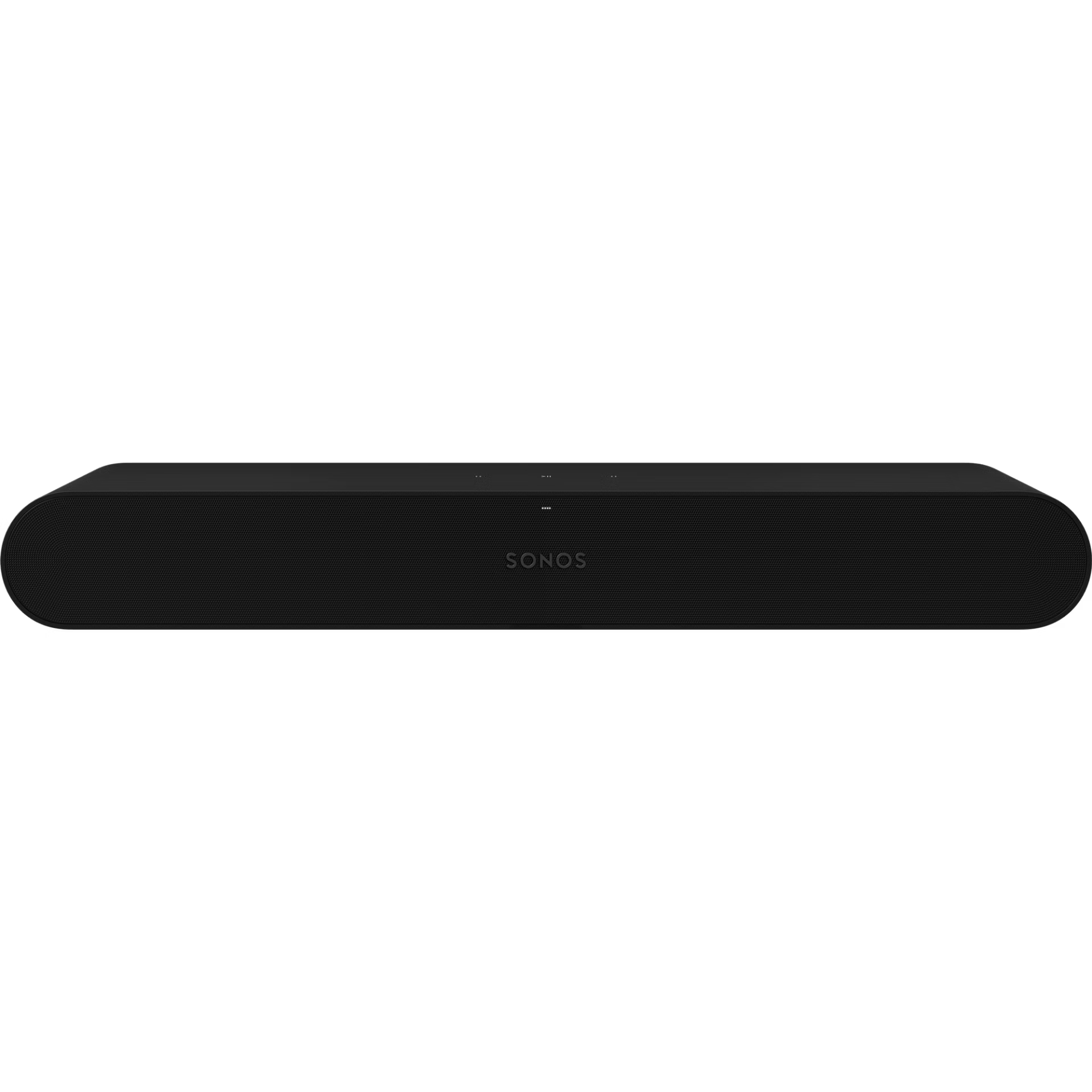 Sonos Ray Fury Black touch controls close-up — volume and playback buttons on matte black soundbar