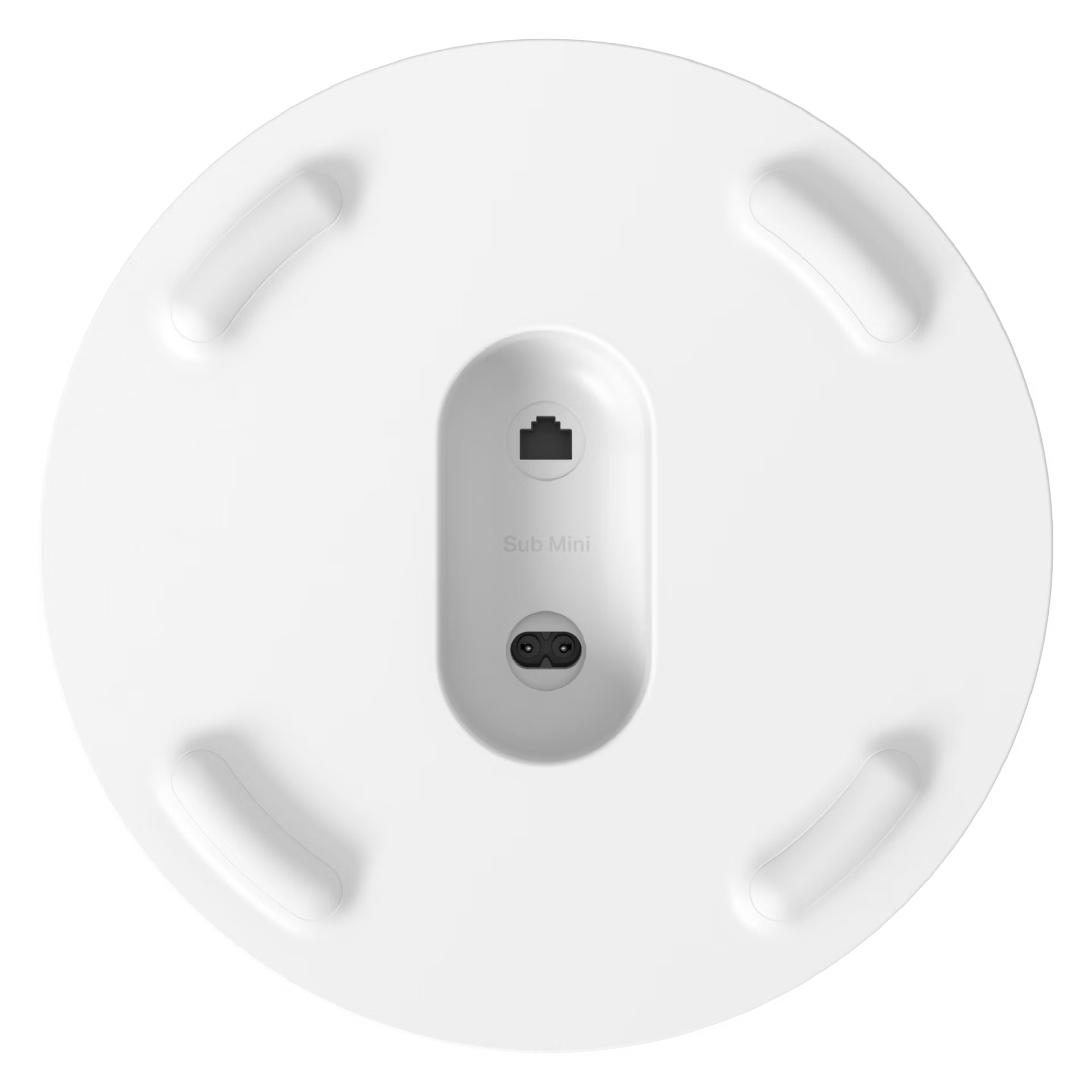 Sonos Sub Mini white compact smart subwoofer with a small screen and button on a white background