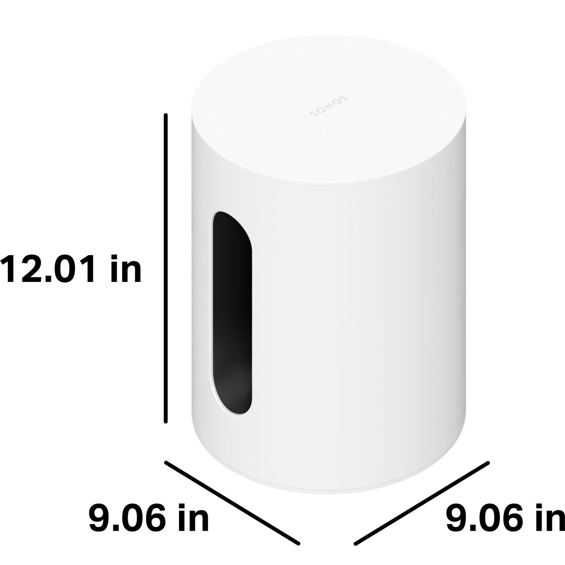Sonos Sub Mini white subwoofer side profile showcasing slim cylindrical cabinet design