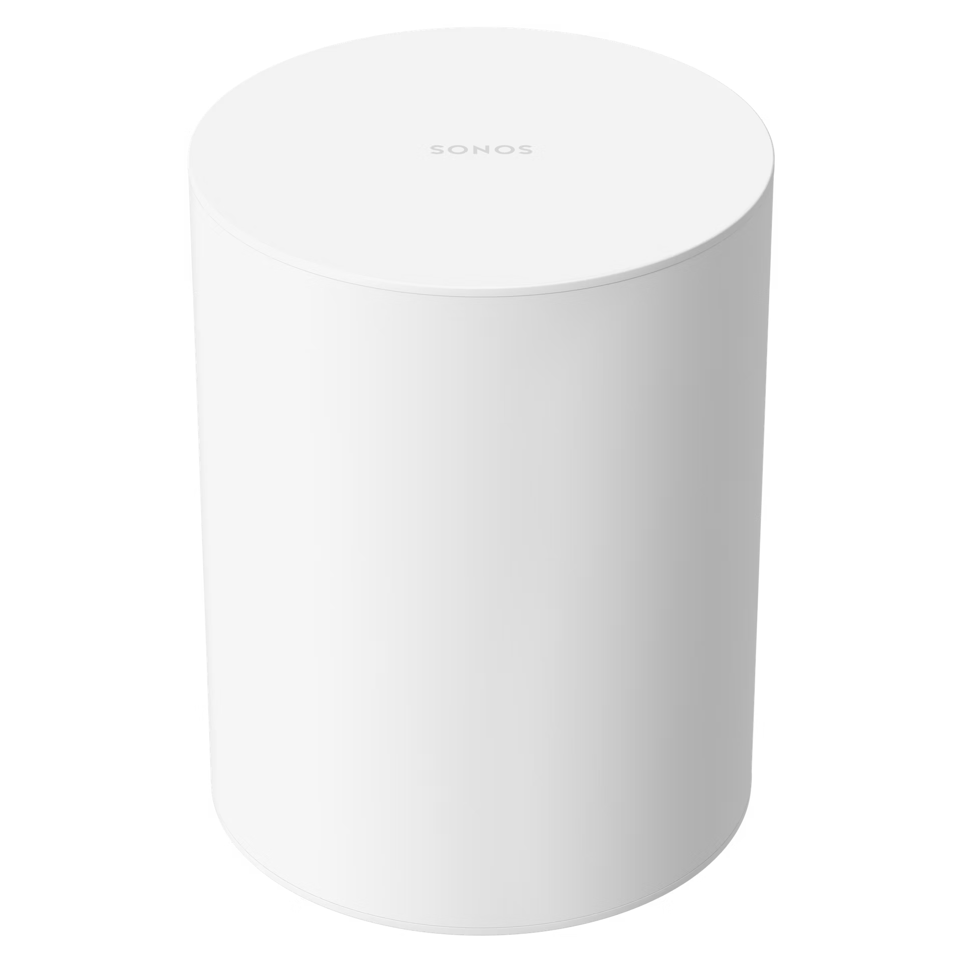 Sonos Sub Mini white subwoofer side profile — slim cylindrical cabinet with dual force-cancelling woofers