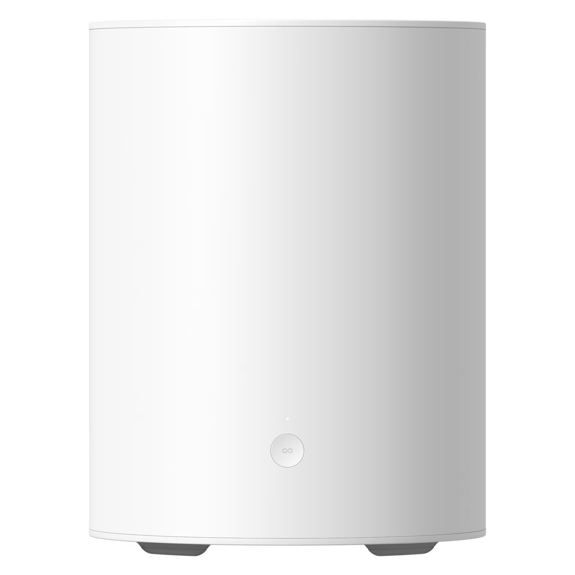 Sonos Sub Mini white compact smart subwoofer with a power button on a white background