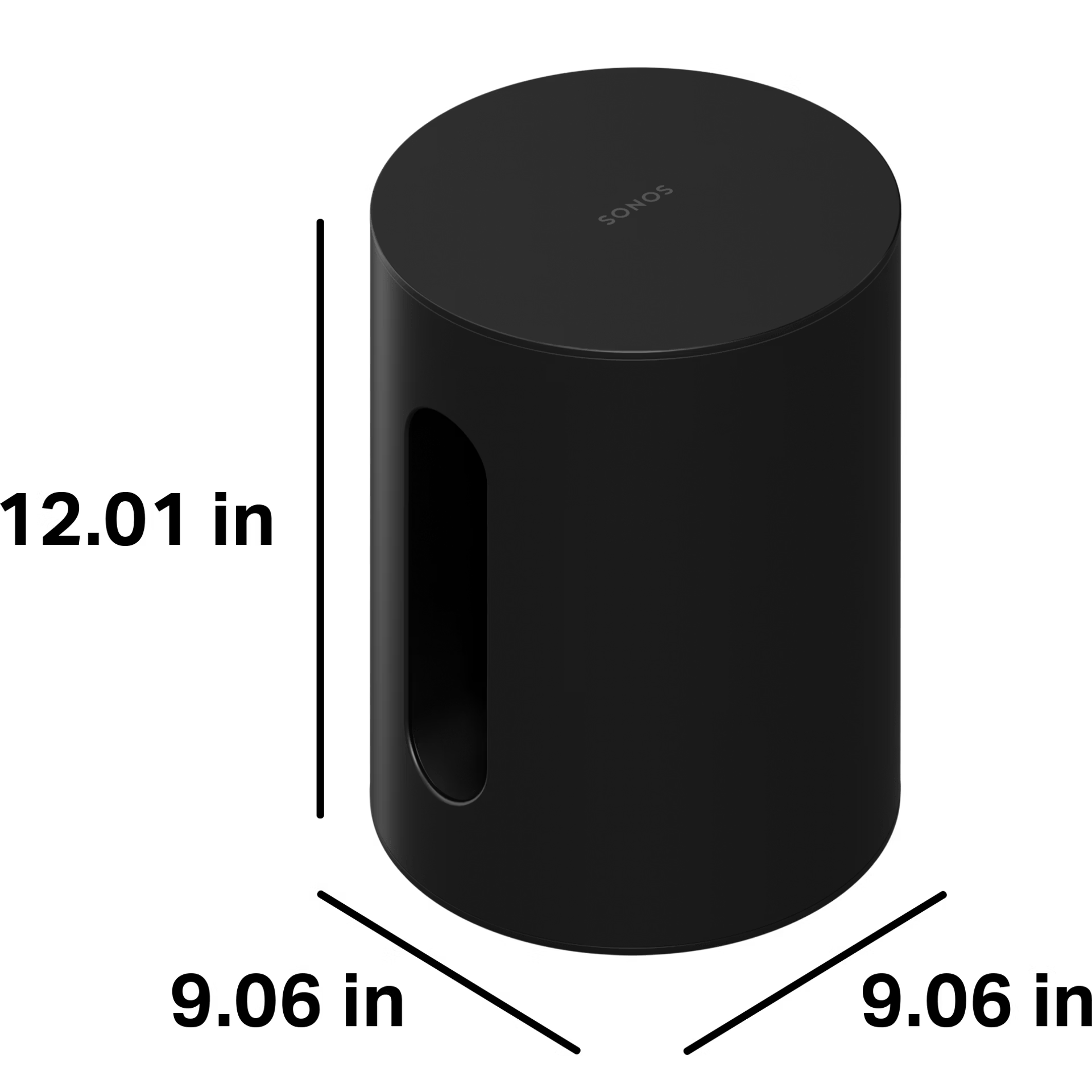 Sonos Sub Mini black subwoofer side profile showing slim cylindrical cabinet design