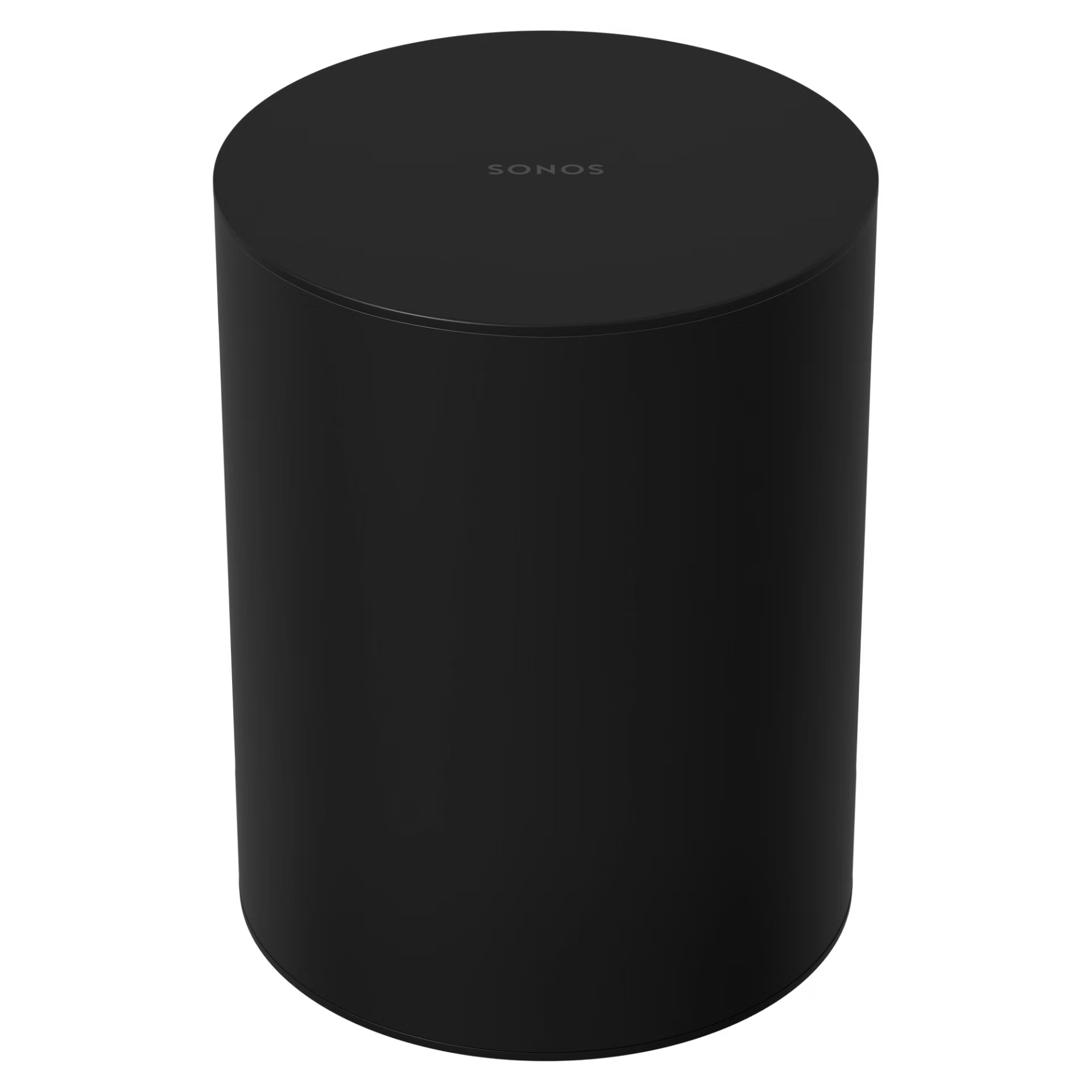 Sonos Sub Mini black subwoofer side profile — sleek cylindrical cabinet with dual force-cancelling woofers