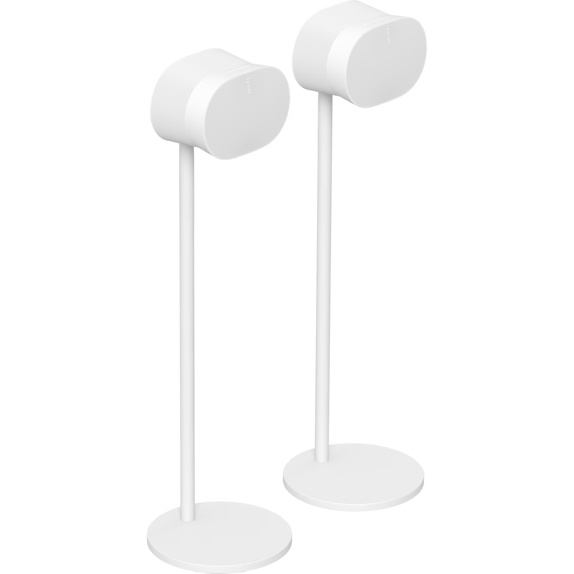 Sonos Era 300 pair on white floorstand duo in bright living room — elegant official stereo spatial audio set