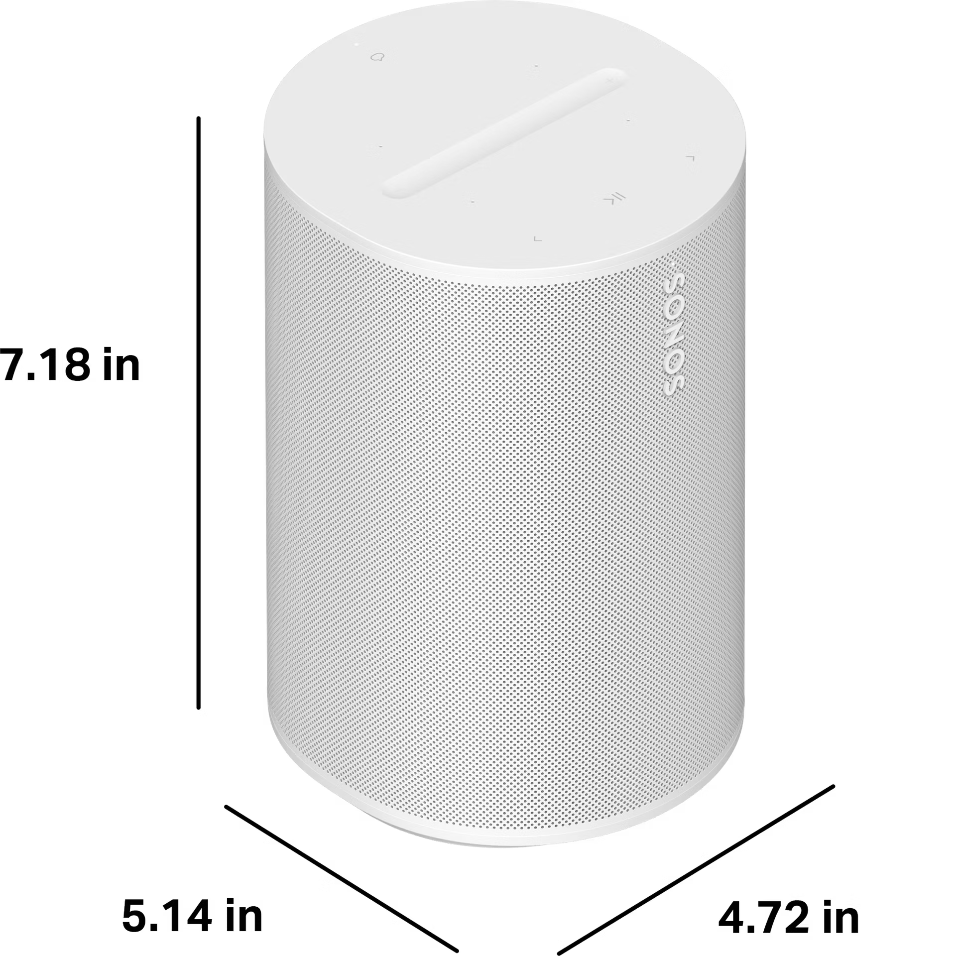 Close-up of Sonos Era 100 White capacitive touch strip with volume and mic mute button