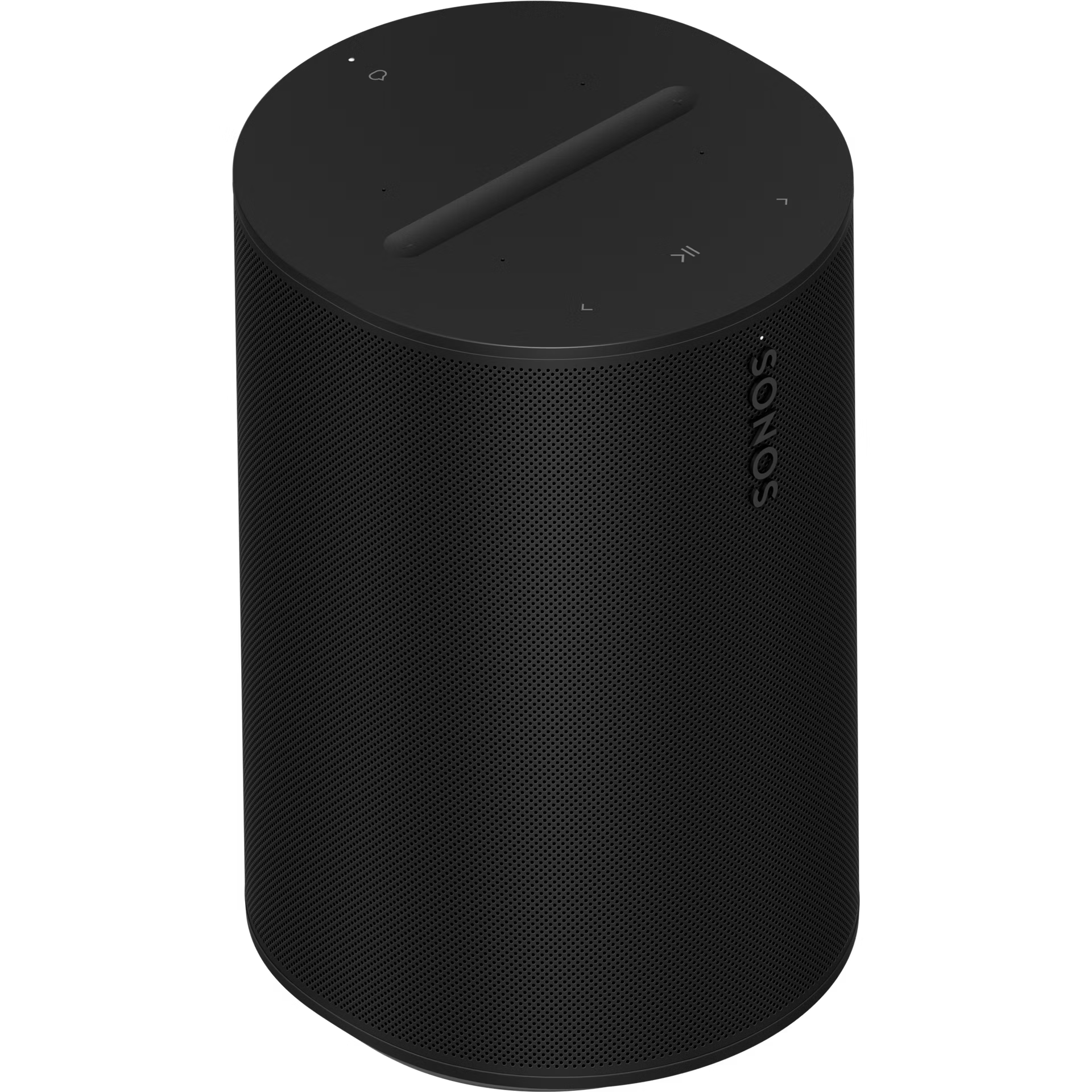 Overhead view of Sonos Era 100 Black smart speaker touch surface with playback controls