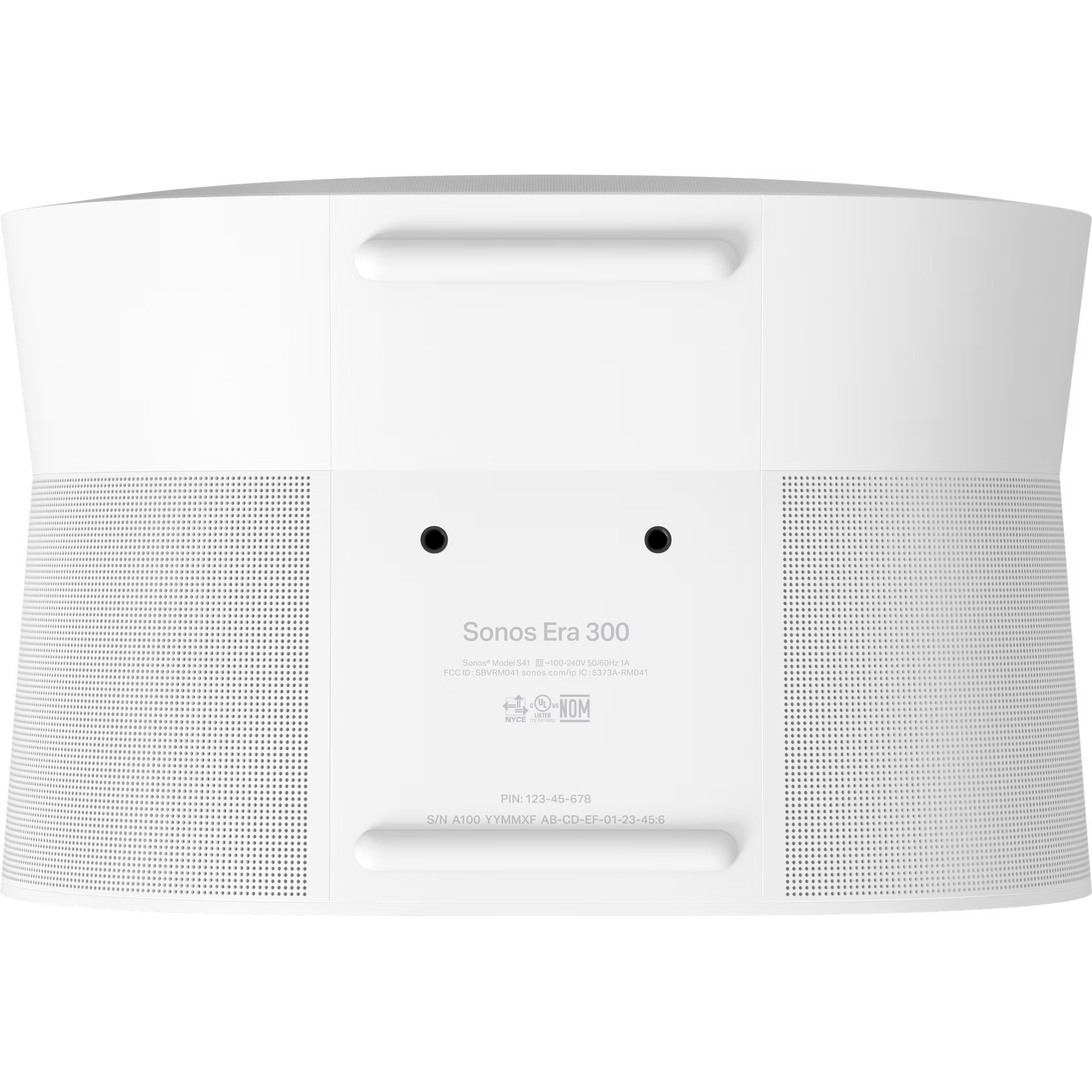 Close-up of Sonos Era 300 white woven acoustic grille texture and seamless sculptural build

