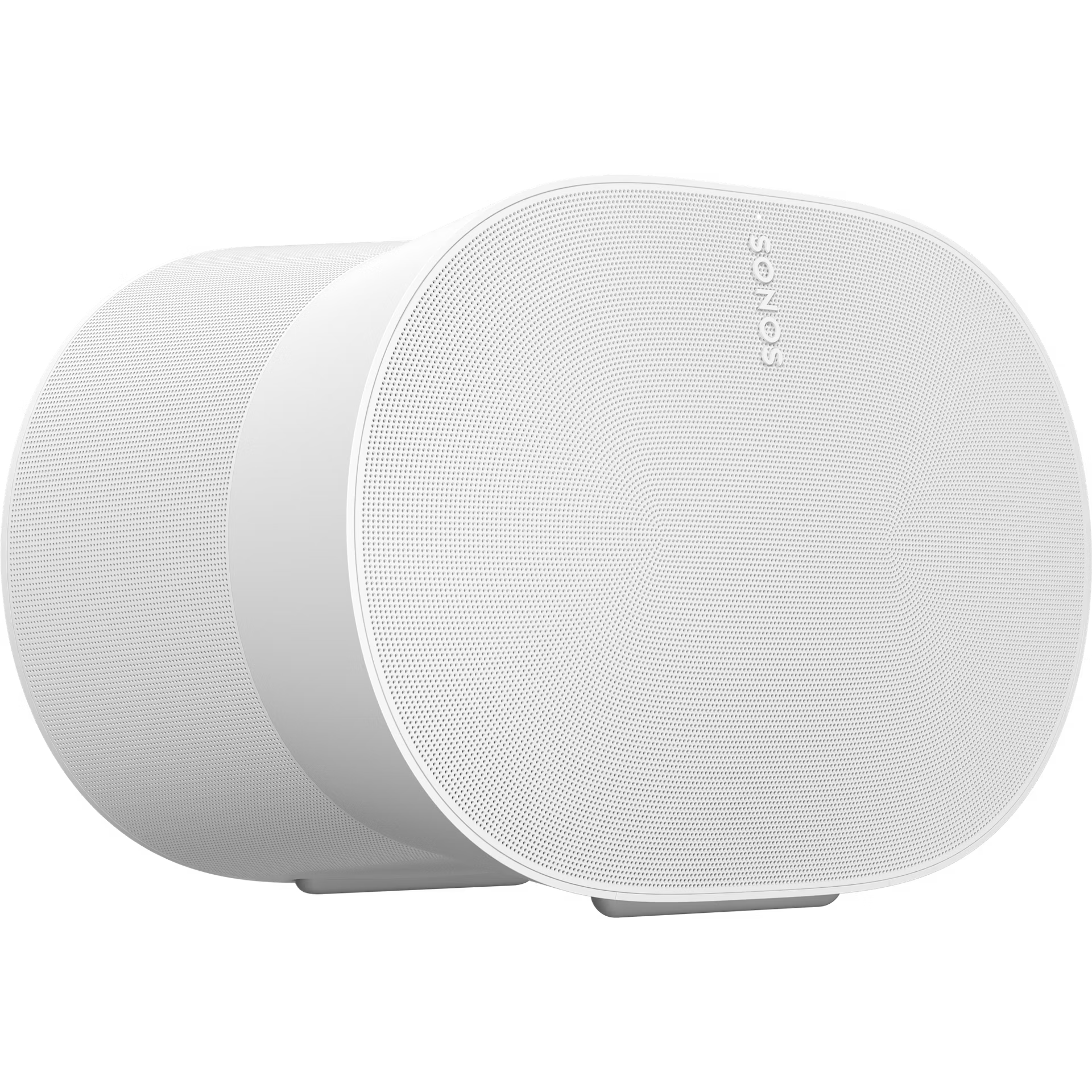 Sonos Era 300 white glowing softly in dimly lit room creating immersive Dolby Atmos atmosphere