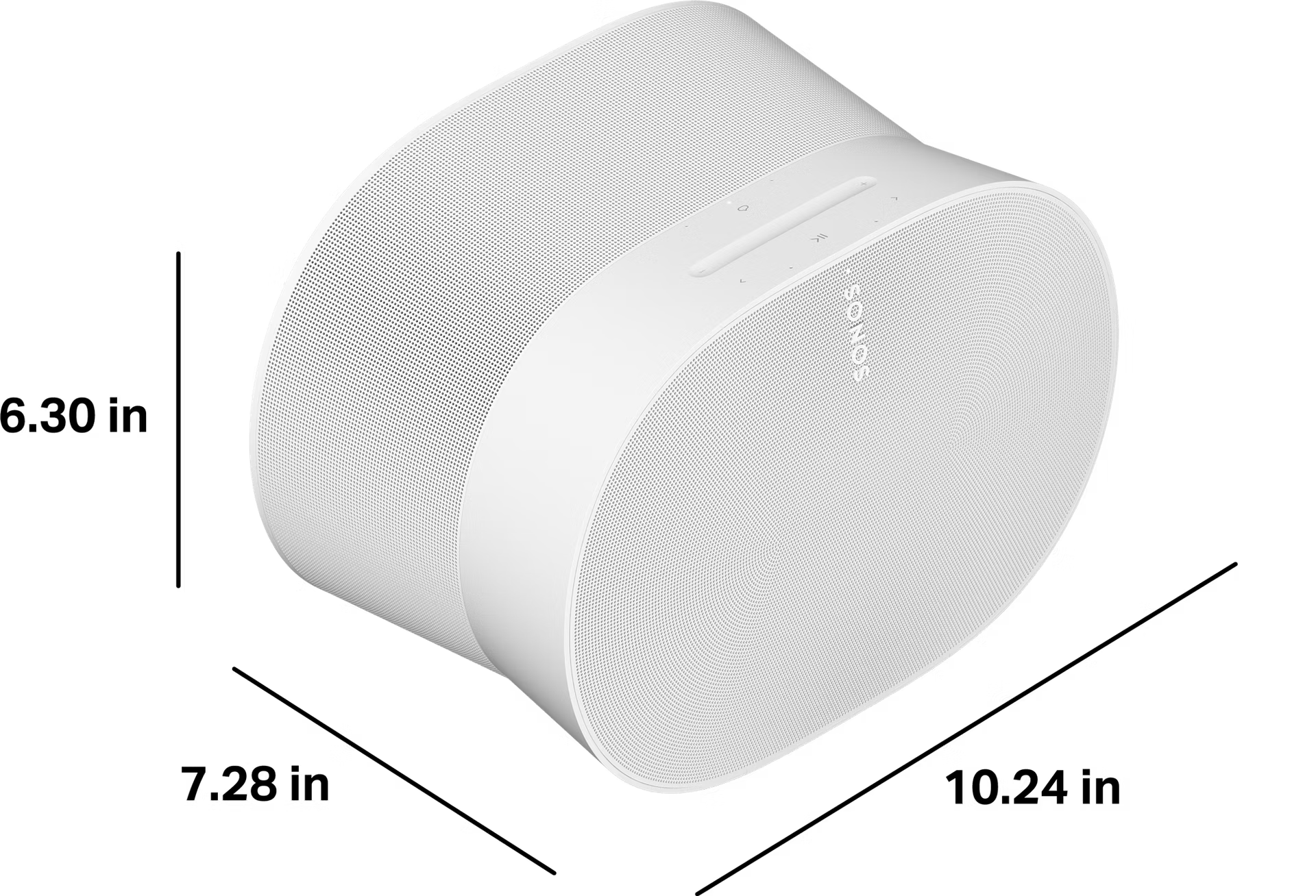 Sonos Era 300 white speaker side profile showing distinctive angled Dolby Atmos driver housing