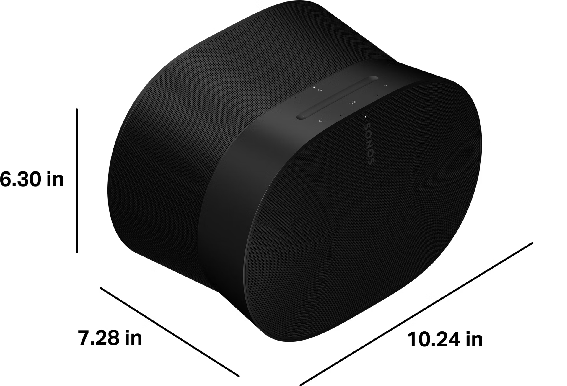 Sonos Era 300 black smart loudspeaker three-quarter view highlighting bold dual-sided design