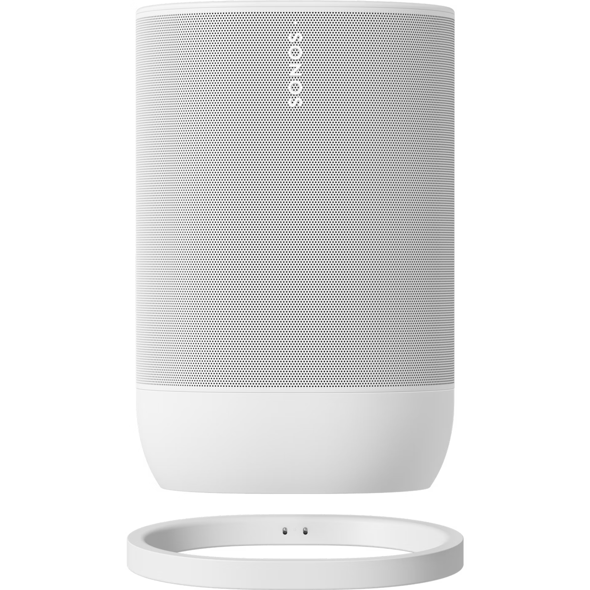 Sonos Move 2 White unboxed showing speaker, wireless charging base and quick-start guide