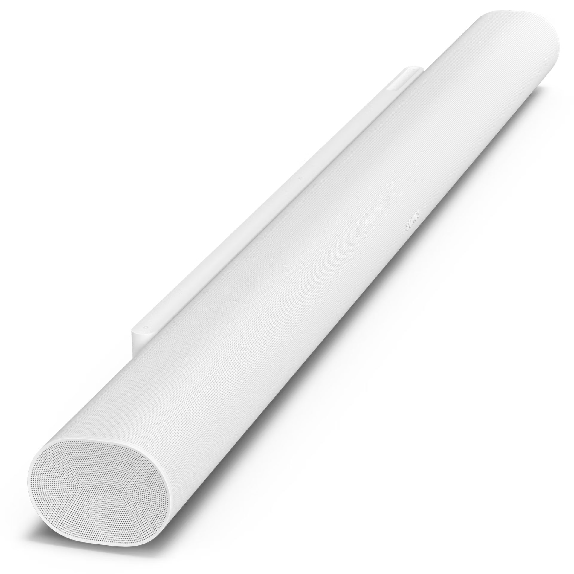 Sonos Arc Ultra white angled view — elegant curved smart soundbar with gloss white finish and upward drivers