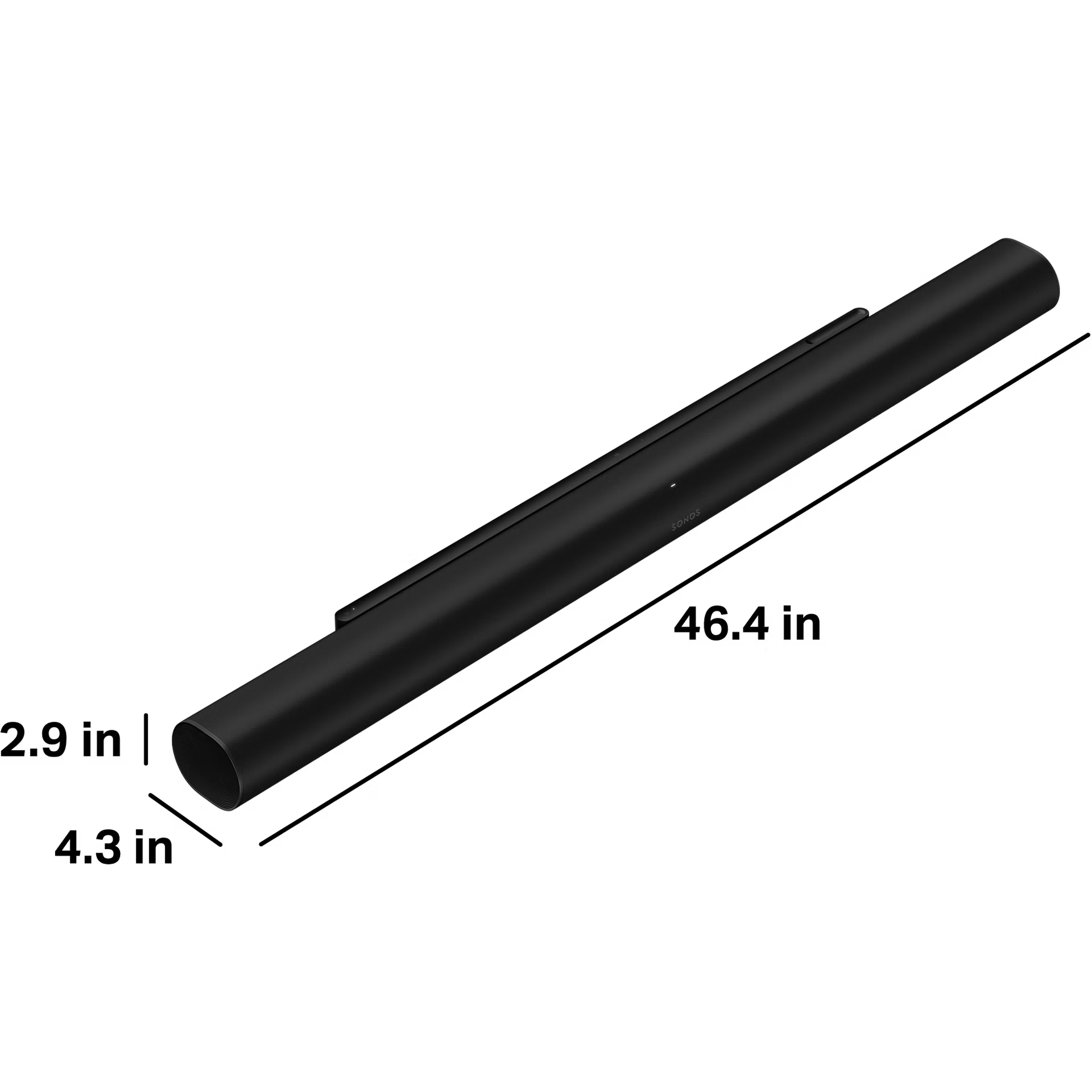 Sonos Arc Ultra black angled view — bold curved smart soundbar with matte black finish and upward drivers