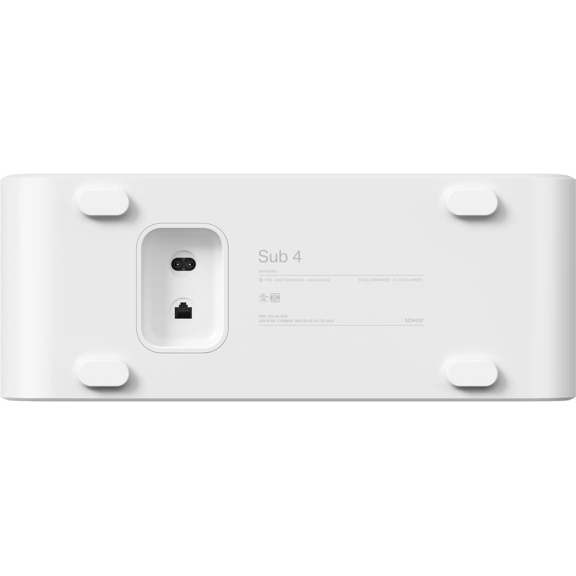 Sonos Sub 4 white rear panel with ethernet port and power input on gloss white enclosure