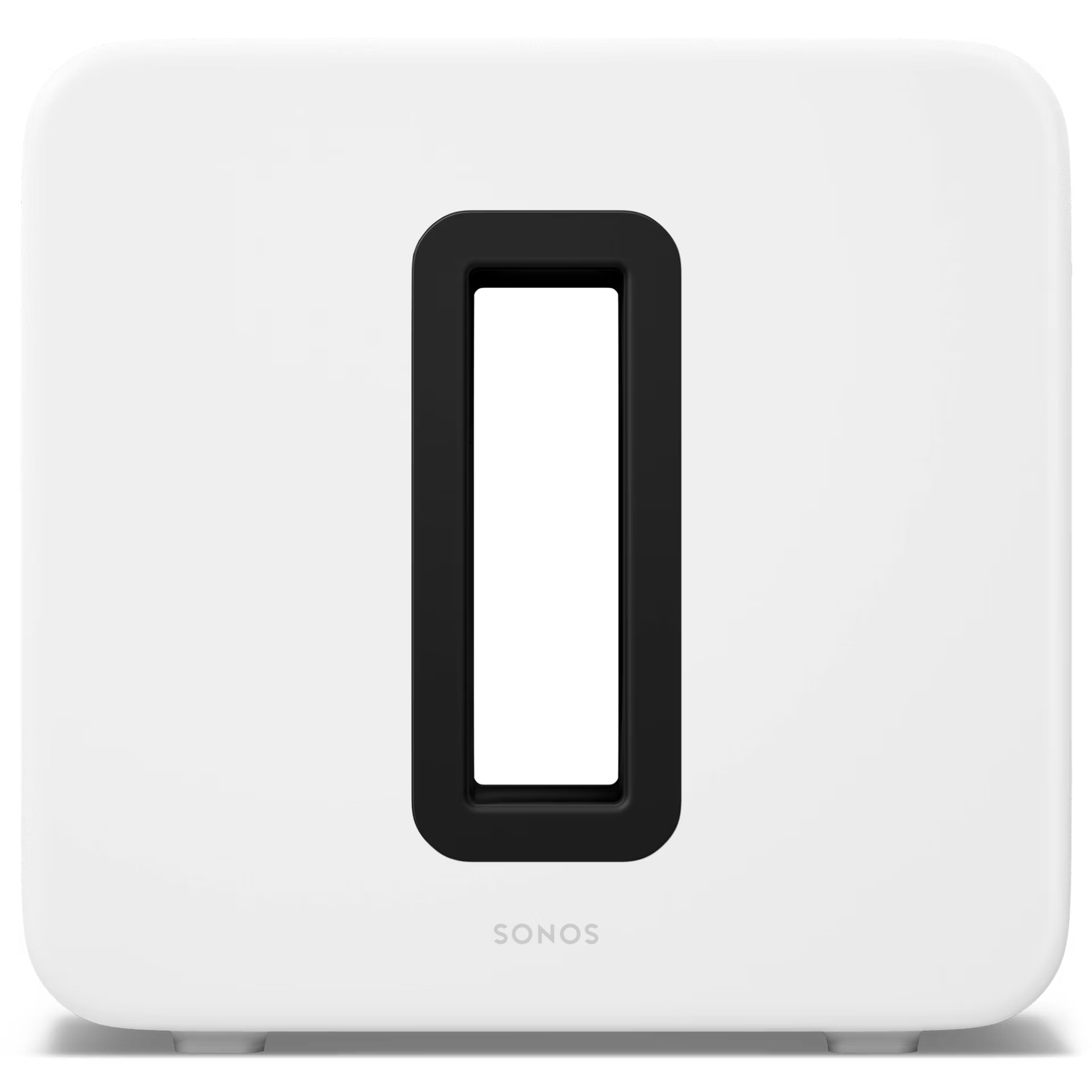 Close-up of Sonos Sub 4 white slot port — precision-engineered bass reflex vent on HiFi subwoofer