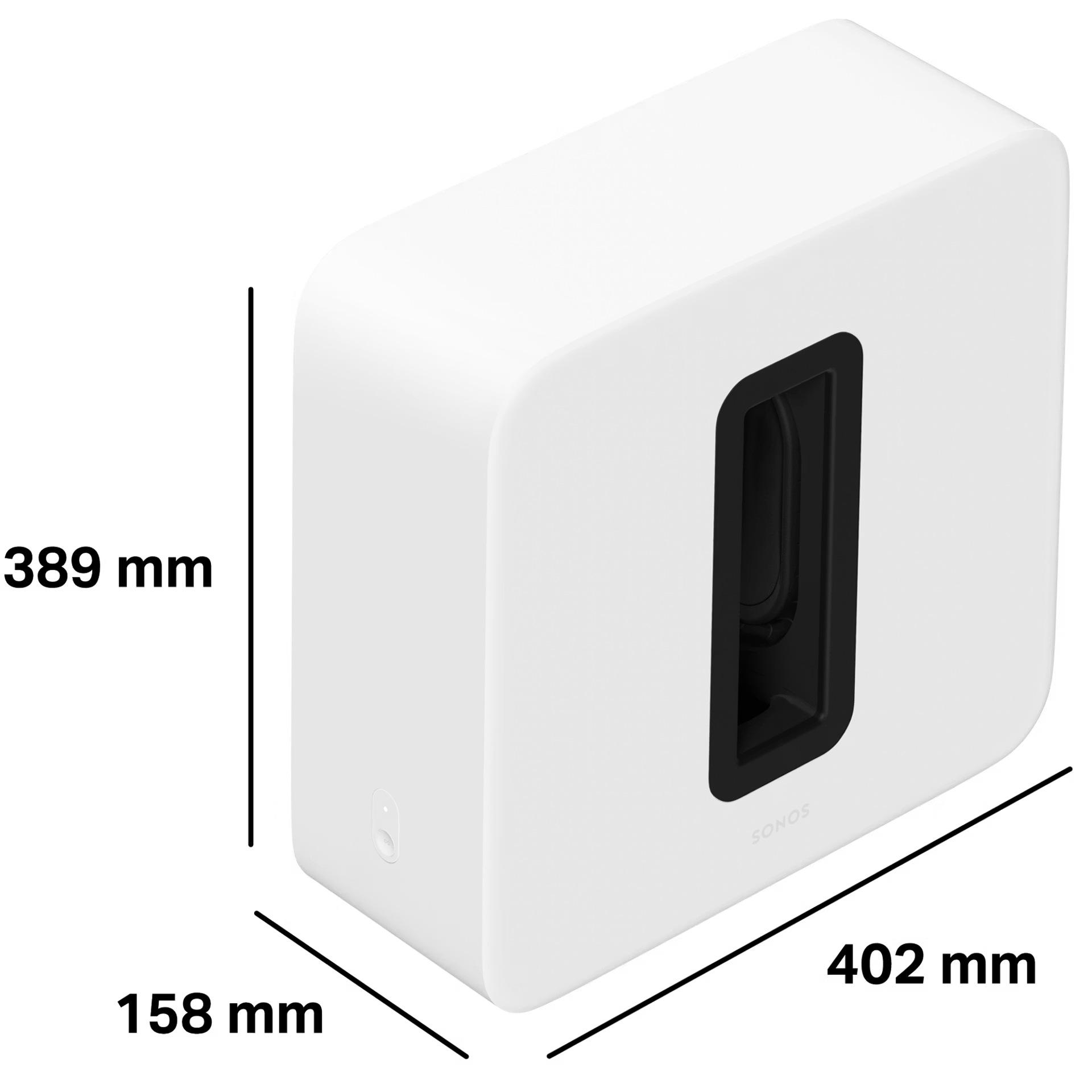 Sonos Sub 4 white wireless subwoofer three-quarter angle view showing bold full-size form factor