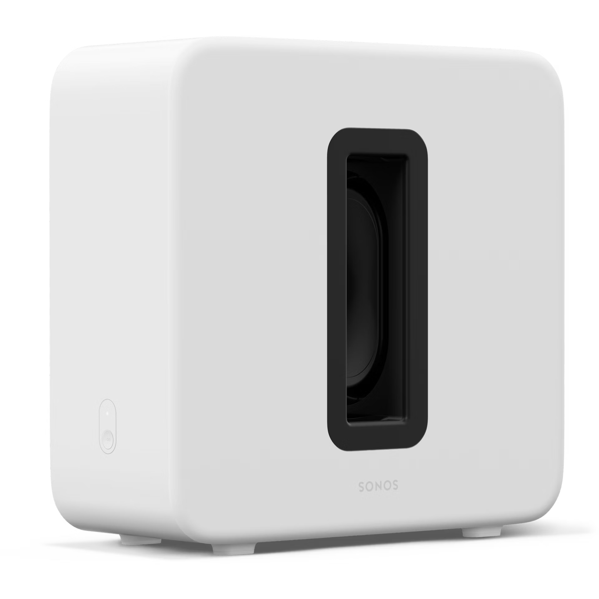 Sonos Sub 4 white side profile — full-size smart subwoofer slot port design for thunderous wireless bass