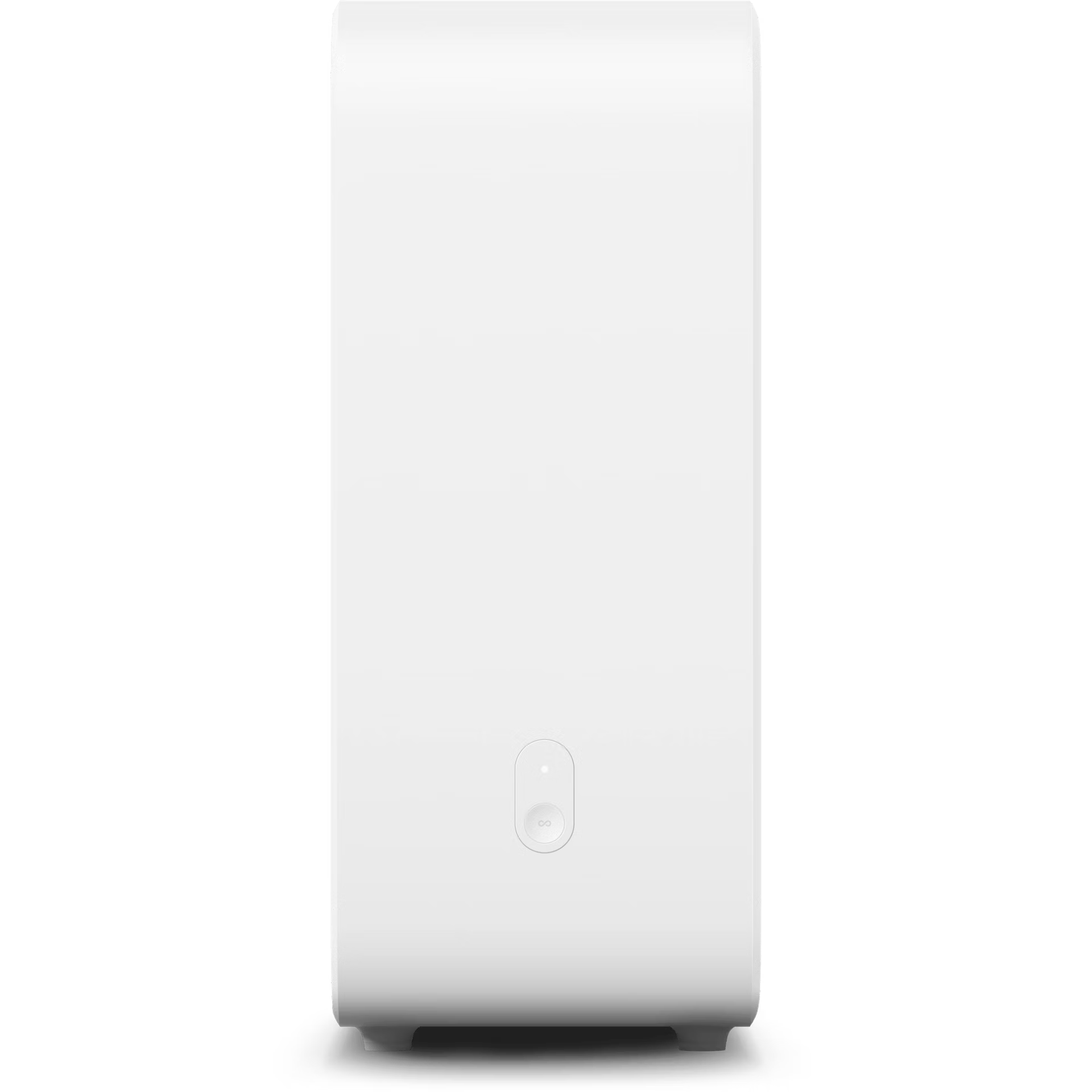 Sonos Sub 4 white angled view — striking smart subwoofer with gloss white cabinet and slot port detail