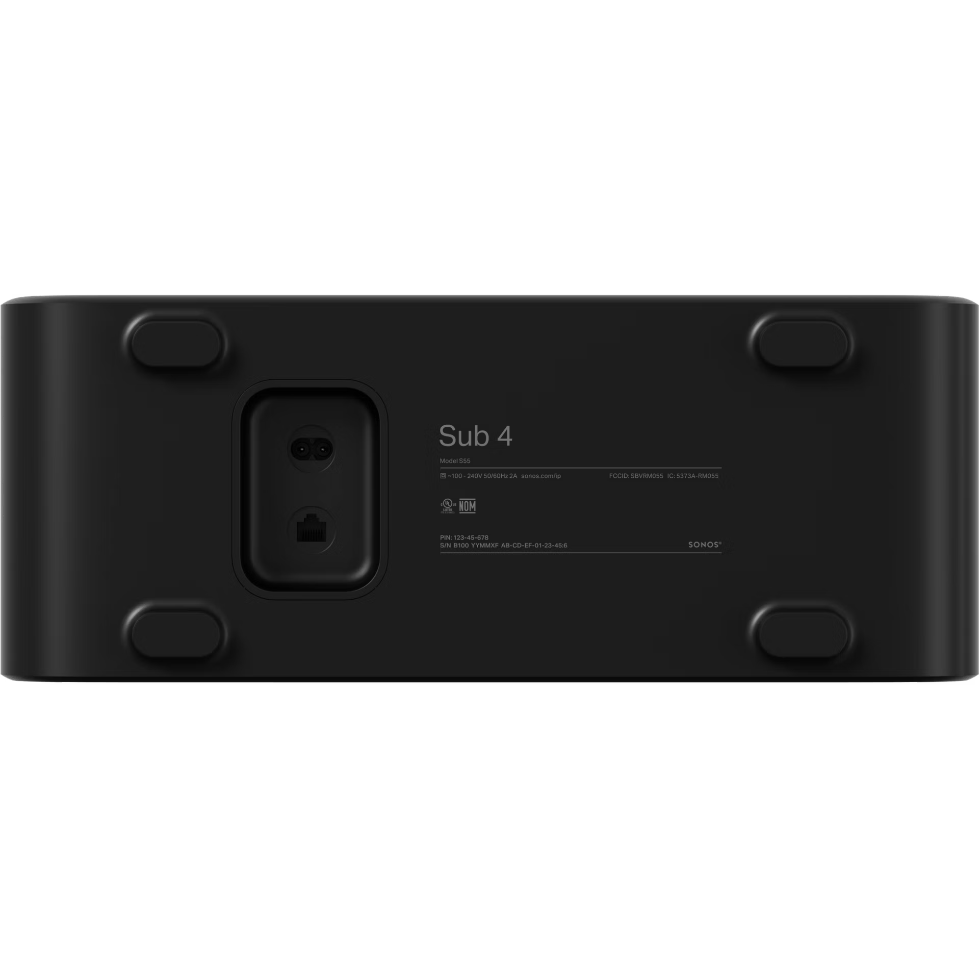 Close-up of Sonos Sub 4 gloss black finish — premium high-gloss cabinet on powerful smart subwoofer