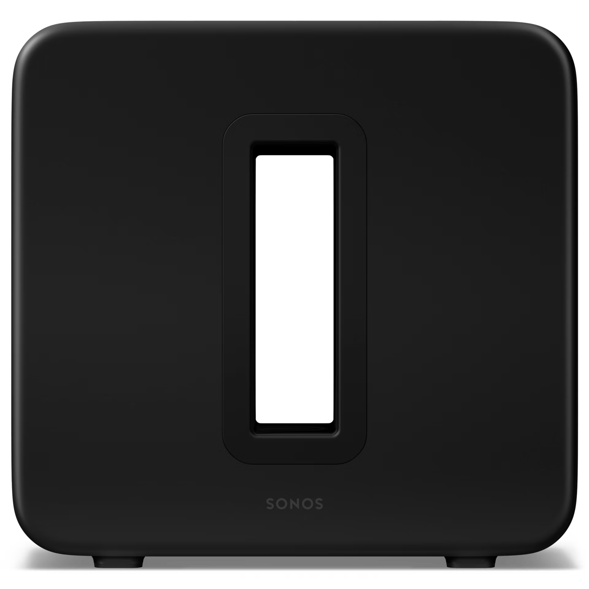 lose-up of Sonos Sub 4 black slot port — precision-engineered bass reflex vent on HiFi subwoofer